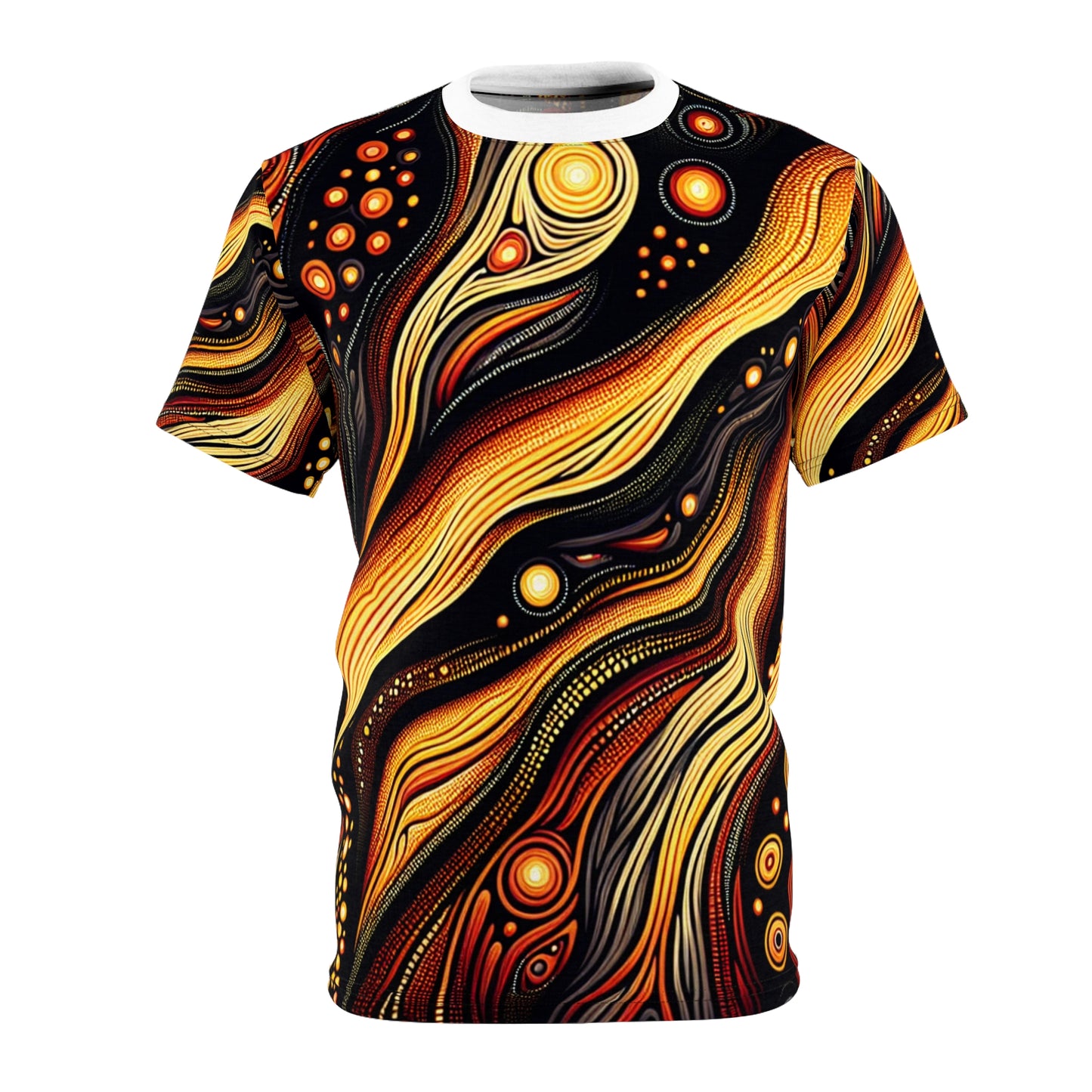 Volcanic Spirit T-Shirt: Aboriginal Art Inspired, Fiery Landscape Pattern, Bold Earthy Tones - African Tribal Pattern-Inspired Tee