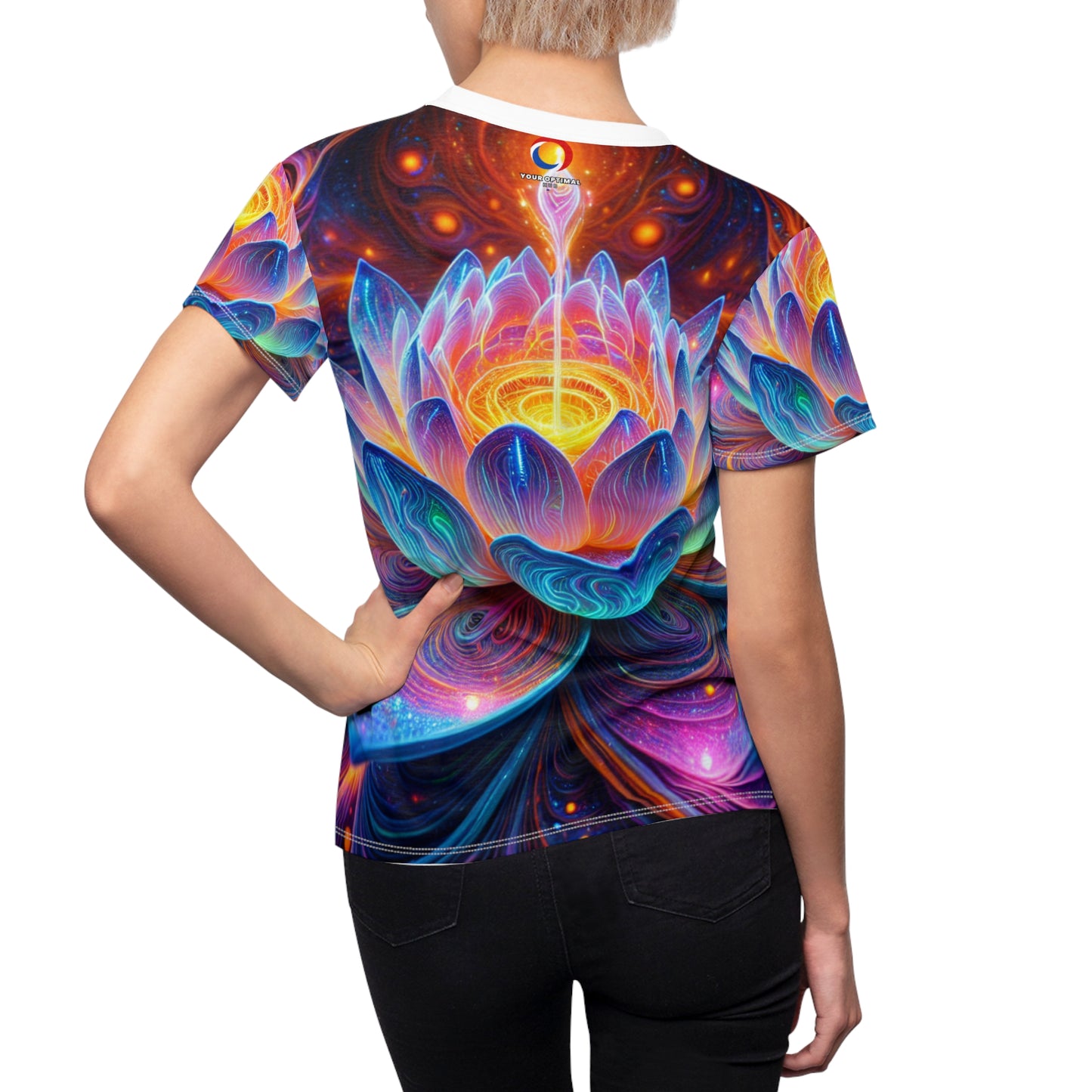 Bioluminescent Alien Lotus Flower Tee: UV-Reactive Cosmic Energy in Vibrant Neon Colors - Women's Blacklight Reactive Tee
