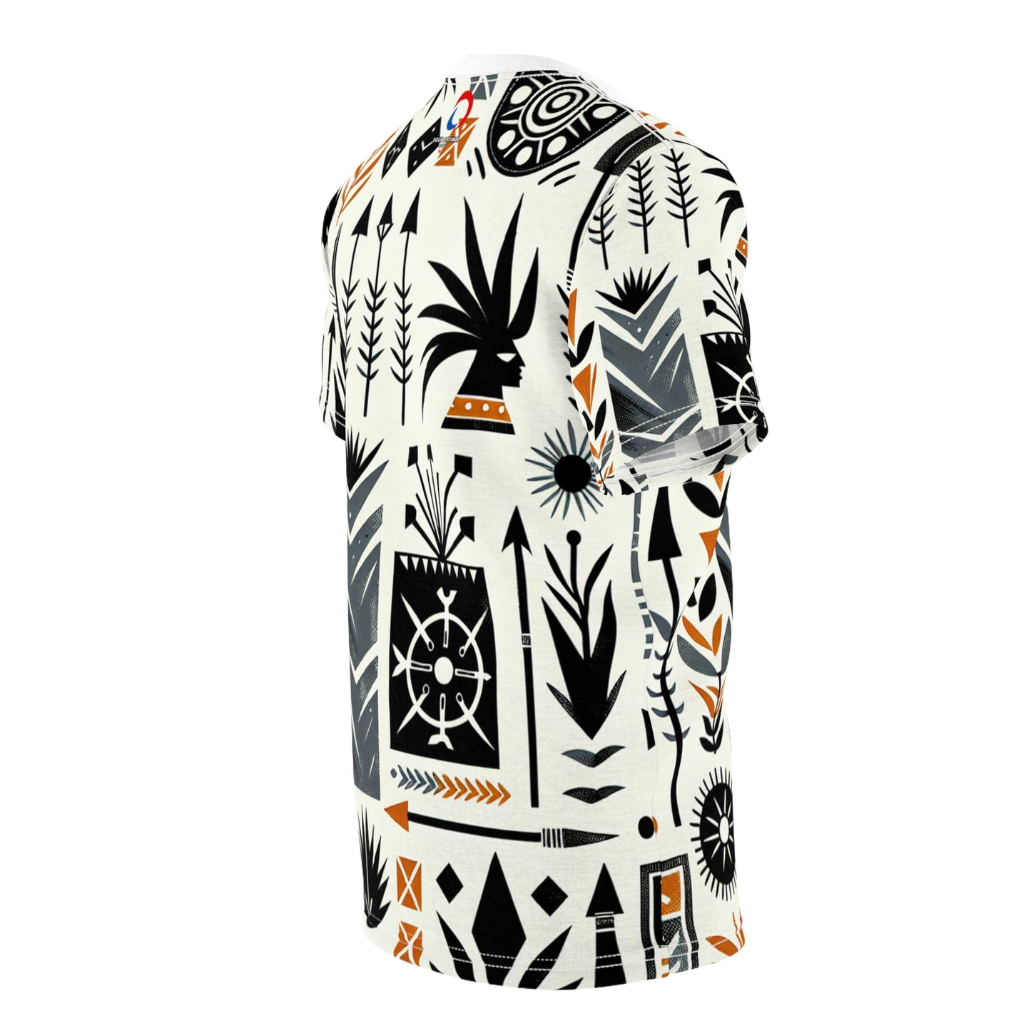 Modern African Artistry Tee: Monochromatic Spearhead & Shield Pattern + Orange Accents - African Tribal Pattern-Inspired