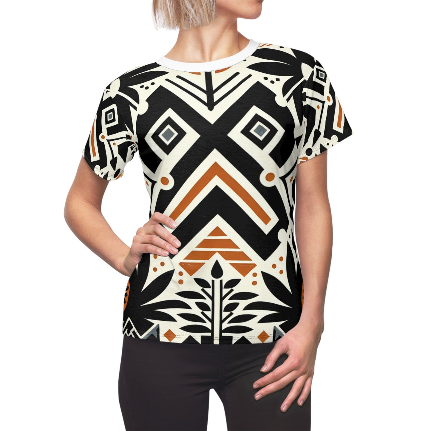 Modern African Fusion Women's Tee: Monochromatic, Orange Accents, Nature-Inspired Graphics - African Tribal Pattern-Inspired