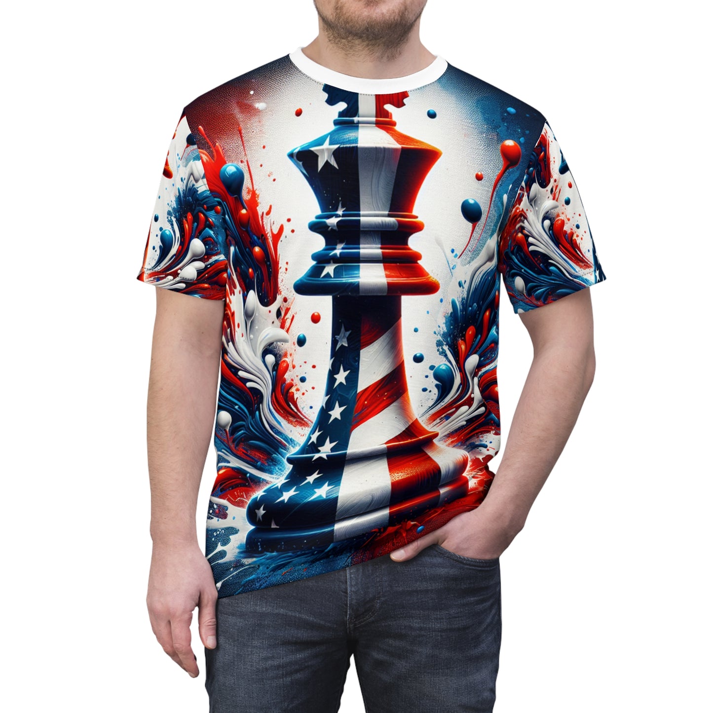Strategic American Pride: Artistically Rendered Chess King Piece T-Shirt Embossed with Dynamic USA Flag Design - Patriotic Streetwear Tee