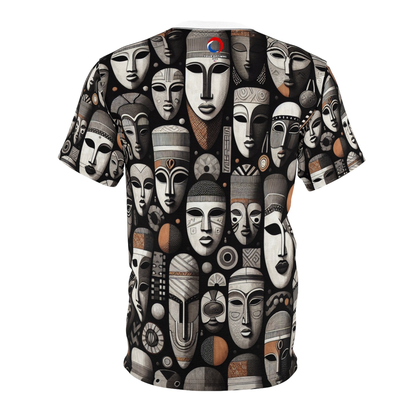 Chic African Heritage Tapestry T-Shirt- Modern Monochrome Masks with Orange Accents - African Tribal Pattern-Inspired Tee