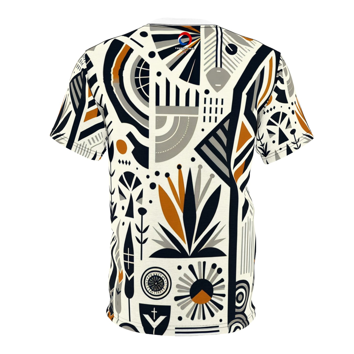 Modern African-Graphic Fusion Tee - Monochrome & Orange, Nature-Warfare Symbols - African Tribal Pattern-Inspired