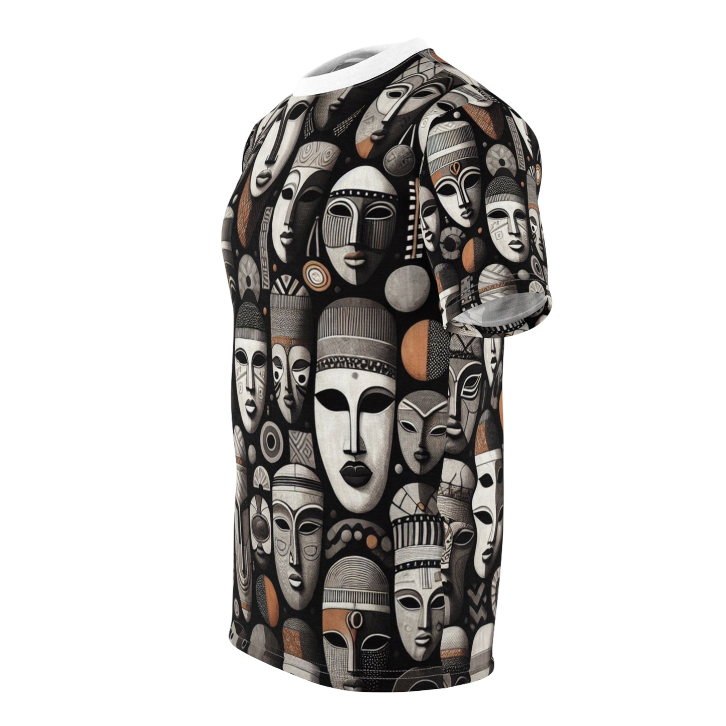 Chic African Heritage Tapestry T-Shirt- Modern Monochrome Masks with Orange Accents - African Tribal Pattern-Inspired Tee