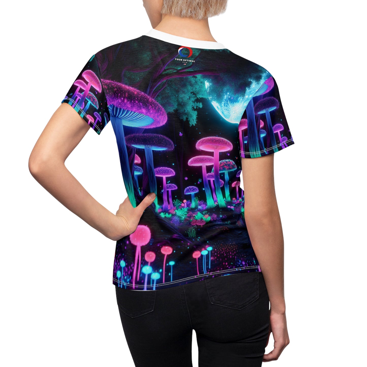 Women's Blacklight Forest T-Shirt – Surreal Neon Moonlit Scene with Glowing Mushrooms and Enchanted Details - Women's Blacklight Tee