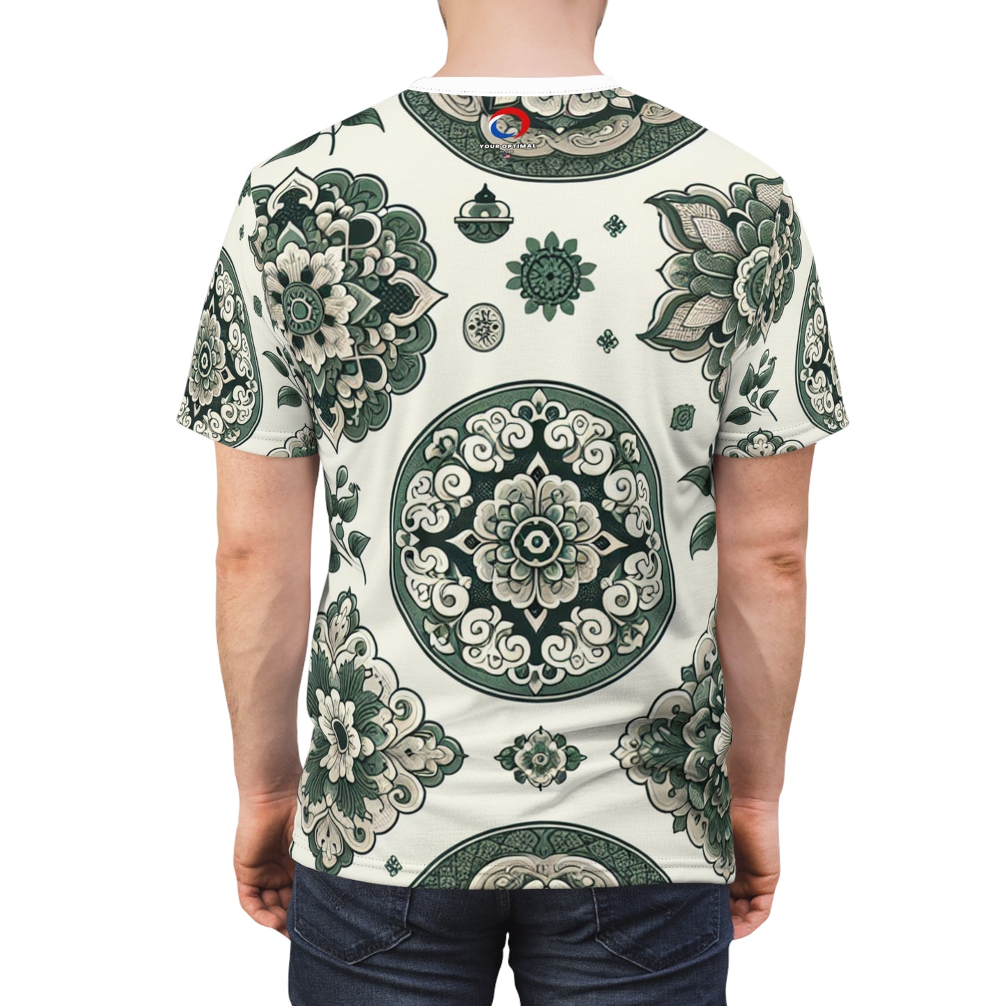 Classic Indian Motif T-Shirt - Intricate Geometric & Floral Design in Green on White - Modern Minimalist Apparel Inspired by Traditional Indian Motifs