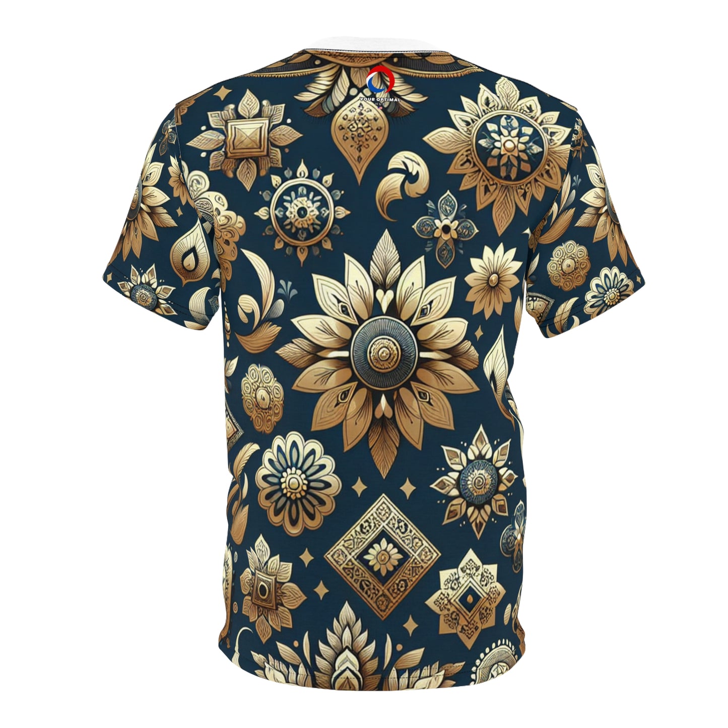 Indian Heritage Gold Motif Seamless Pattern T-Shirt - Shiny Gold Traditional Motifs on Rich Blue Background - Intricate Floral and Geometric Design Tee