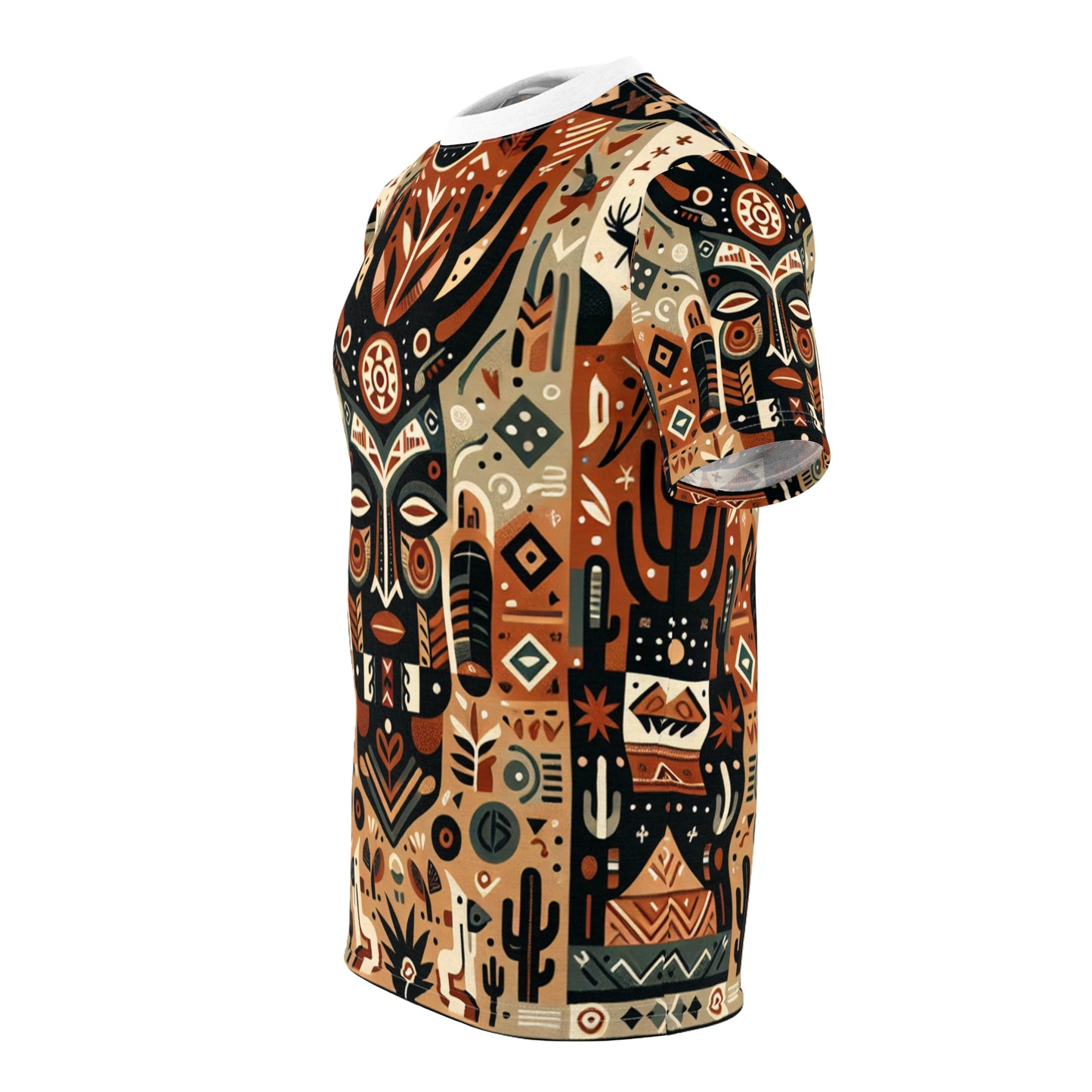 African-Desert Fusion Tee: Tribal Totem and Southwest Nature Tapestry in Earthy Tones - African Tribal Pattern-Inspired