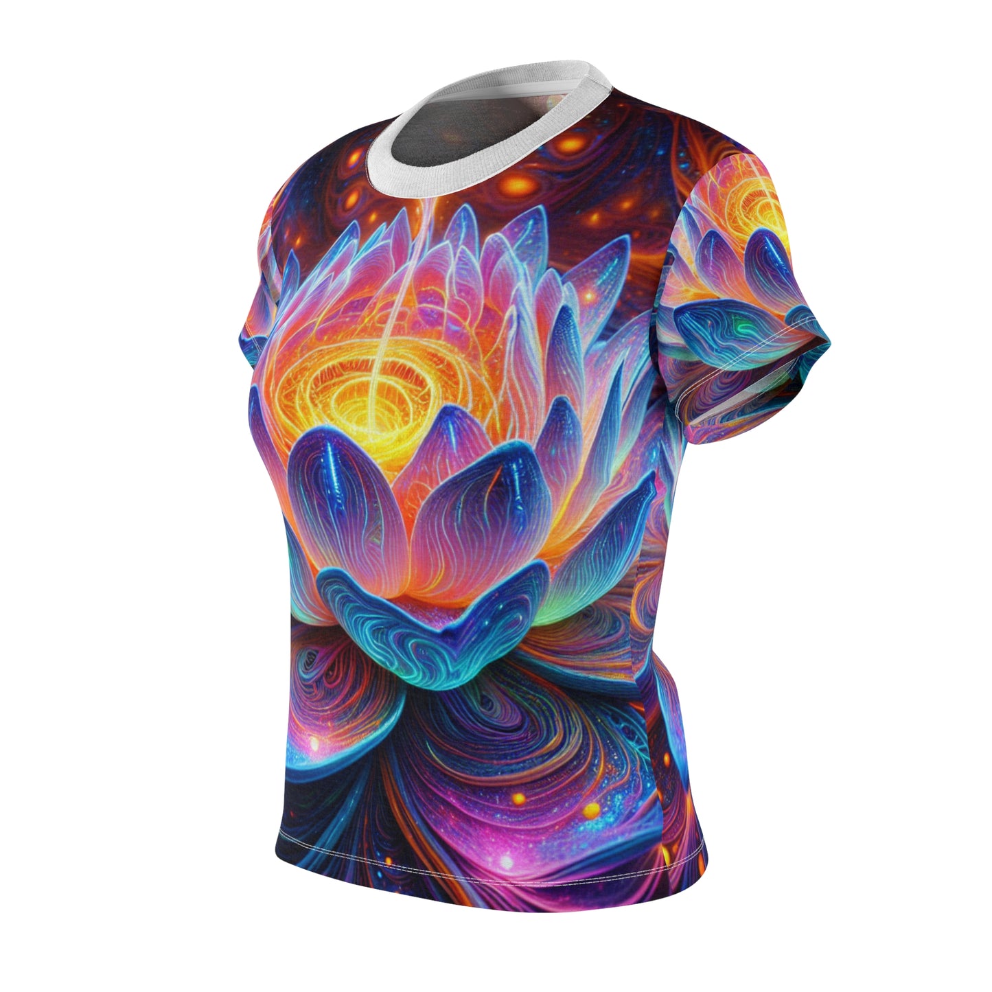 Bioluminescent Alien Lotus Flower Tee: UV-Reactive Cosmic Energy in Vibrant Neon Colors - Women's Blacklight Reactive Tee