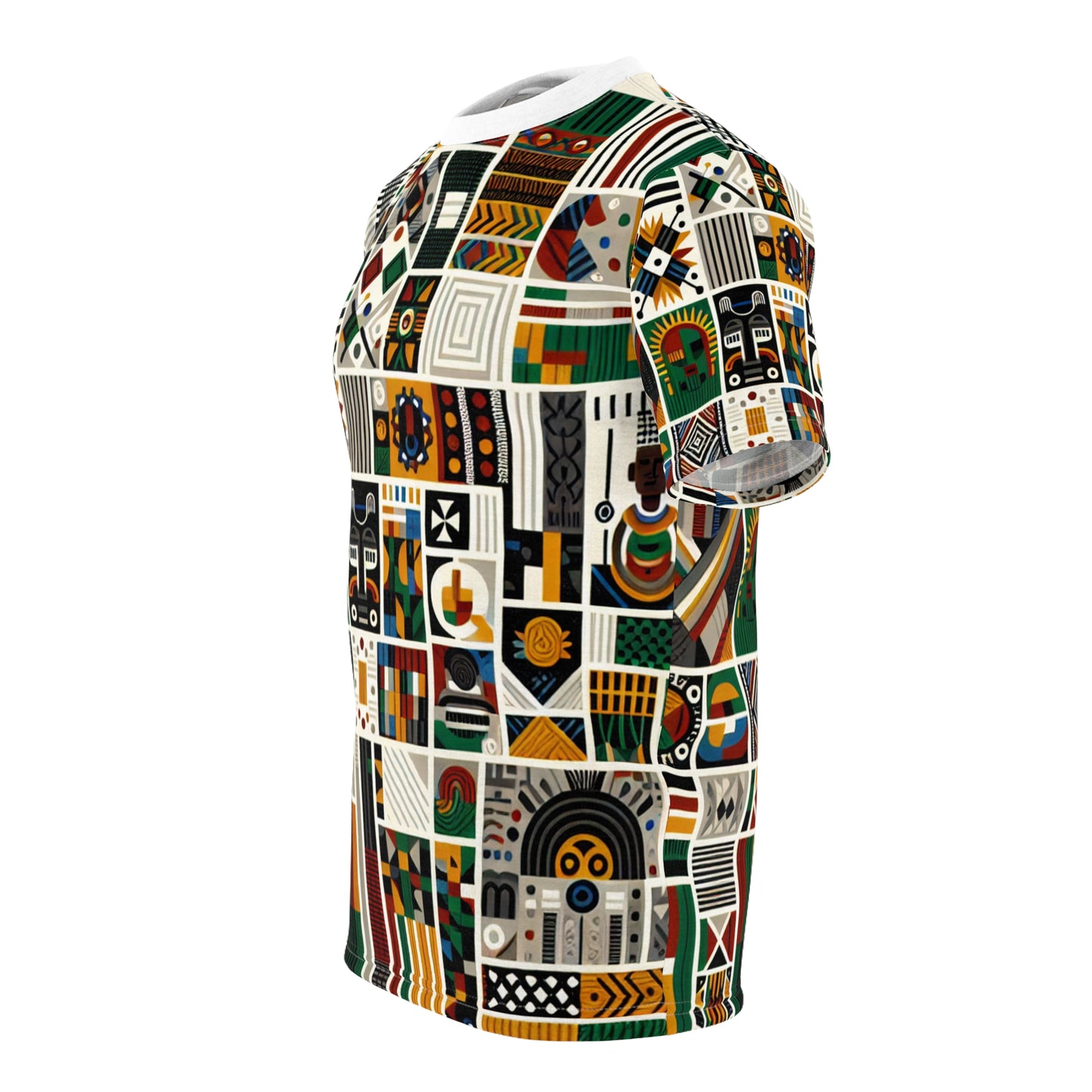 Pan-African Pride T-shirt: Bold Geometric & Cultural Symbols in Vibrant Kente Collage - African Tribal Pattern-Inspired Tee