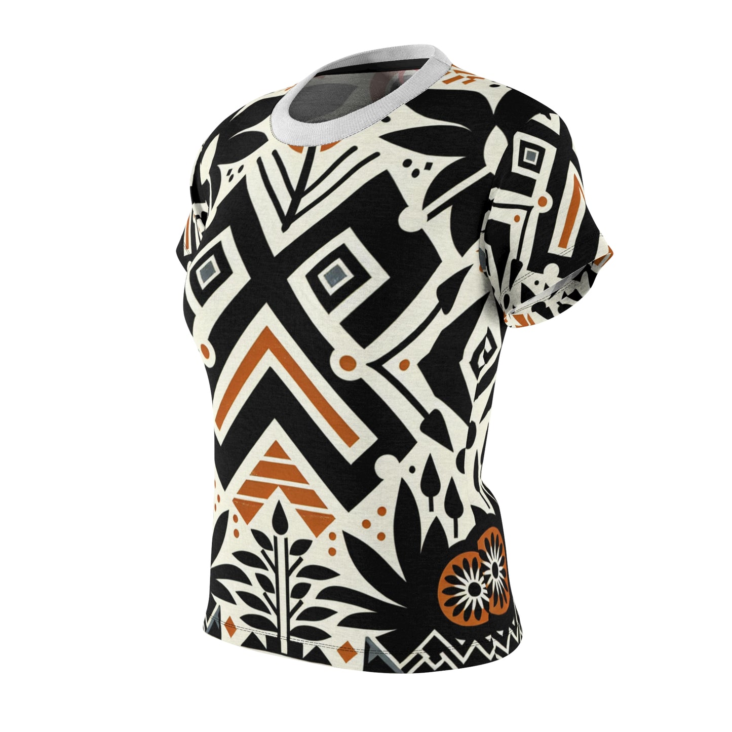 Modern African Fusion Women's Tee: Monochromatic, Orange Accents, Nature-Inspired Graphics - African Tribal Pattern-Inspired