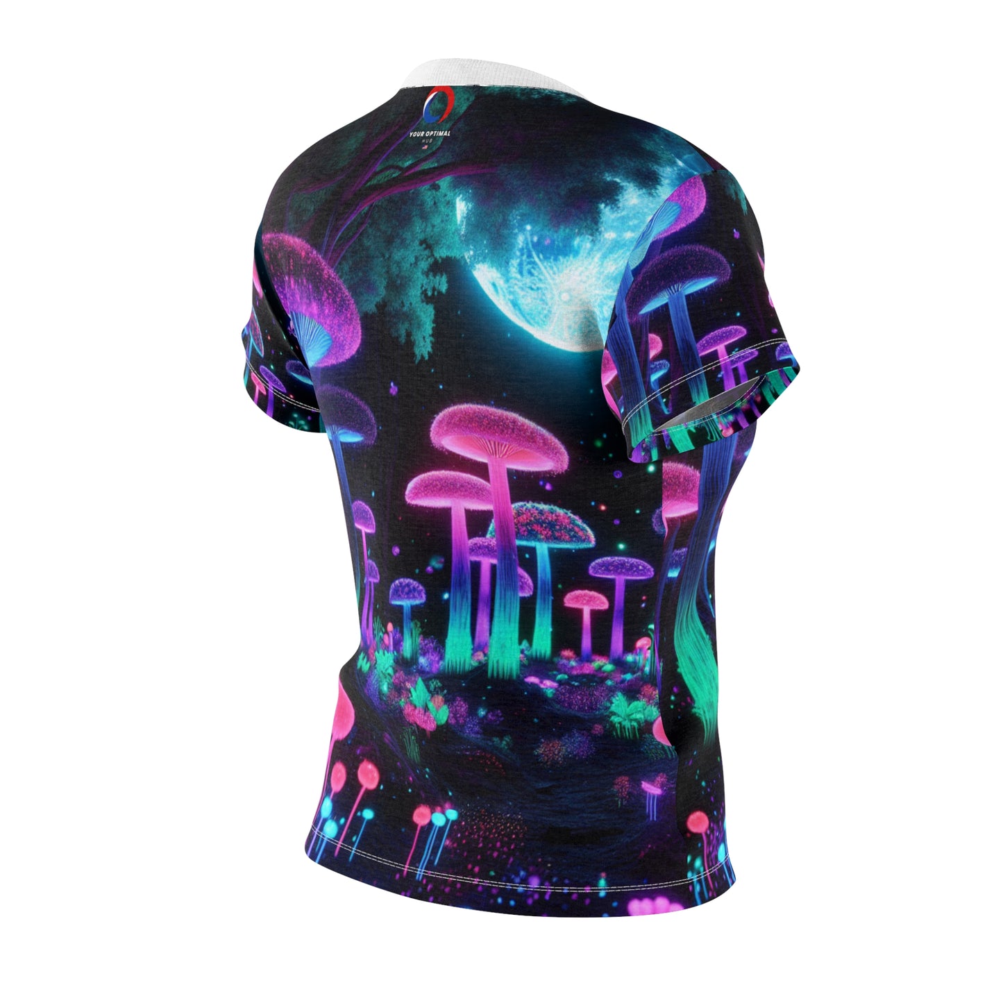Women's Blacklight Forest T-Shirt – Surreal Neon Moonlit Scene with Glowing Mushrooms and Enchanted Details - Women's Blacklight Tee