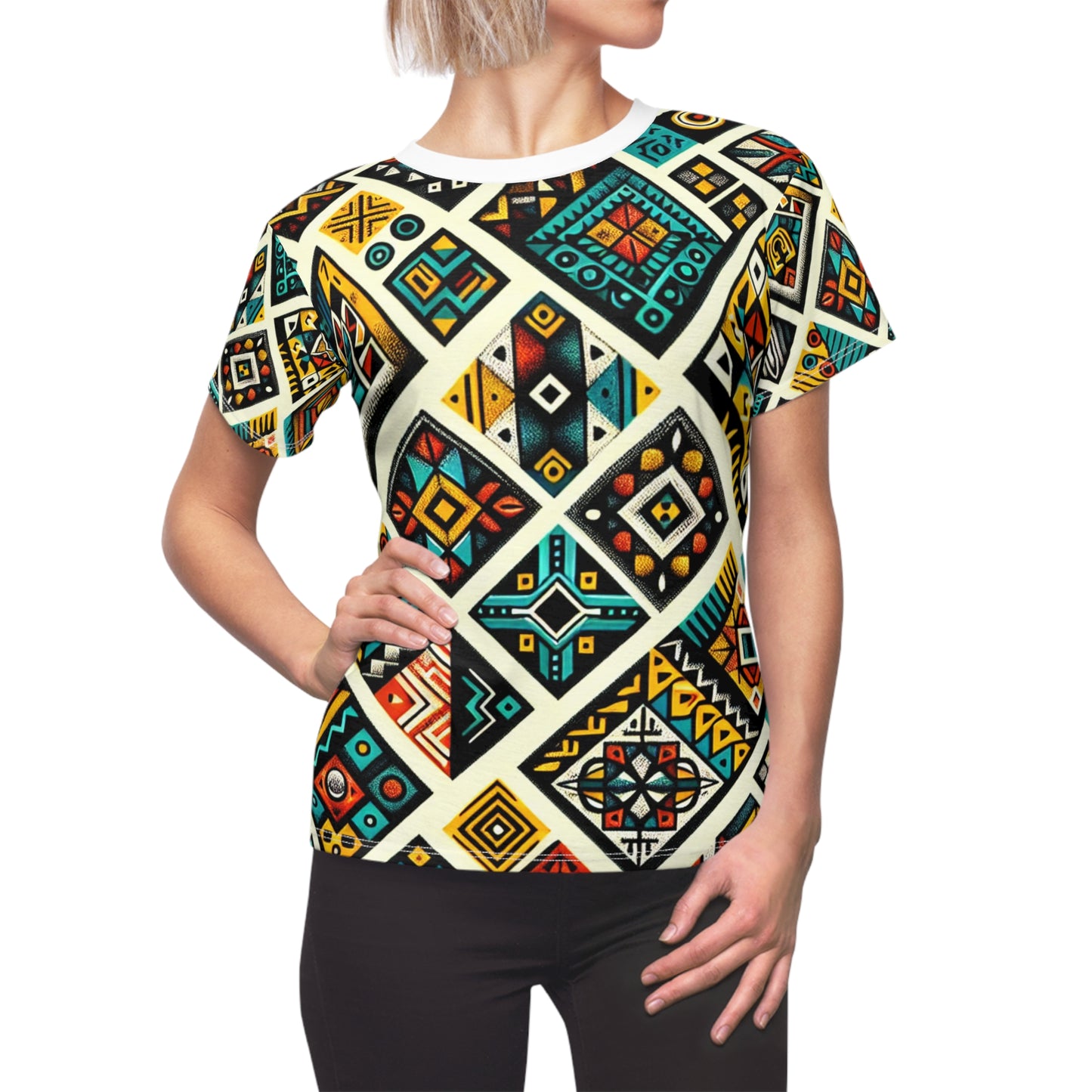African Storytelling Geo Vibrance Women's T-shirt - Tribal Diamond Pattern, Primary Color Palette - African Tribal Pattern-Inspired