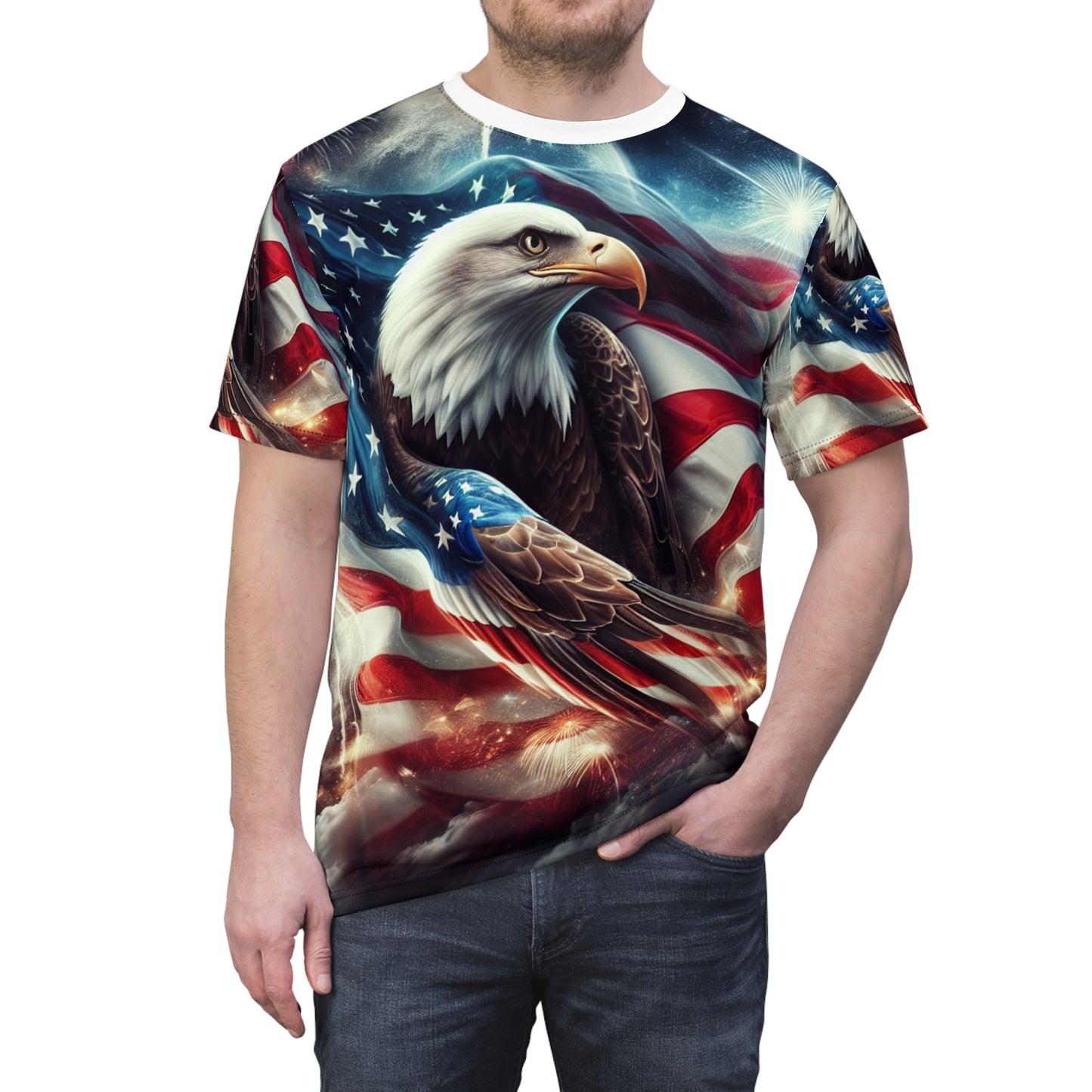 Patriotic American Pride: Majestic Bald Eagle on Vibrant USA Flag with Fireworks, Independence Day Heritage T-Shirt - Patriotic Streetwear Tee