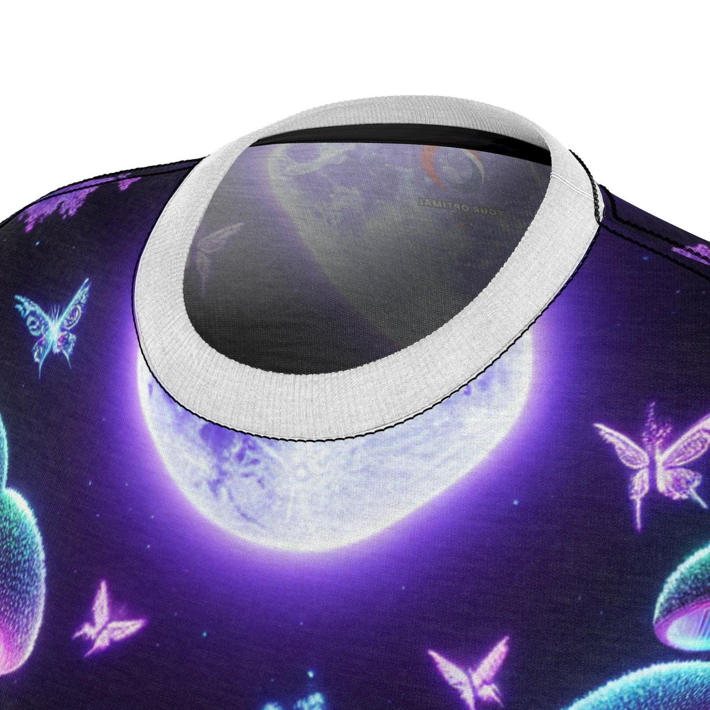 Psychedelic Forest Neon Women's T-shirt: Surreal Blacklight Reactive, Luminous Mushroom & Starry Night Sky - Women's Blacklight Tee