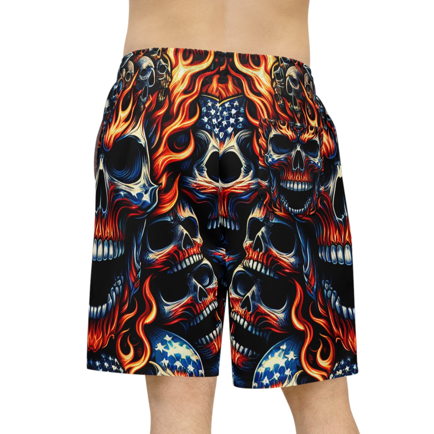 Patriotic Fury: Menacing Skull Inferno and Stars-Stripes Motif Shorts - Patriotic Streetwear Shorts