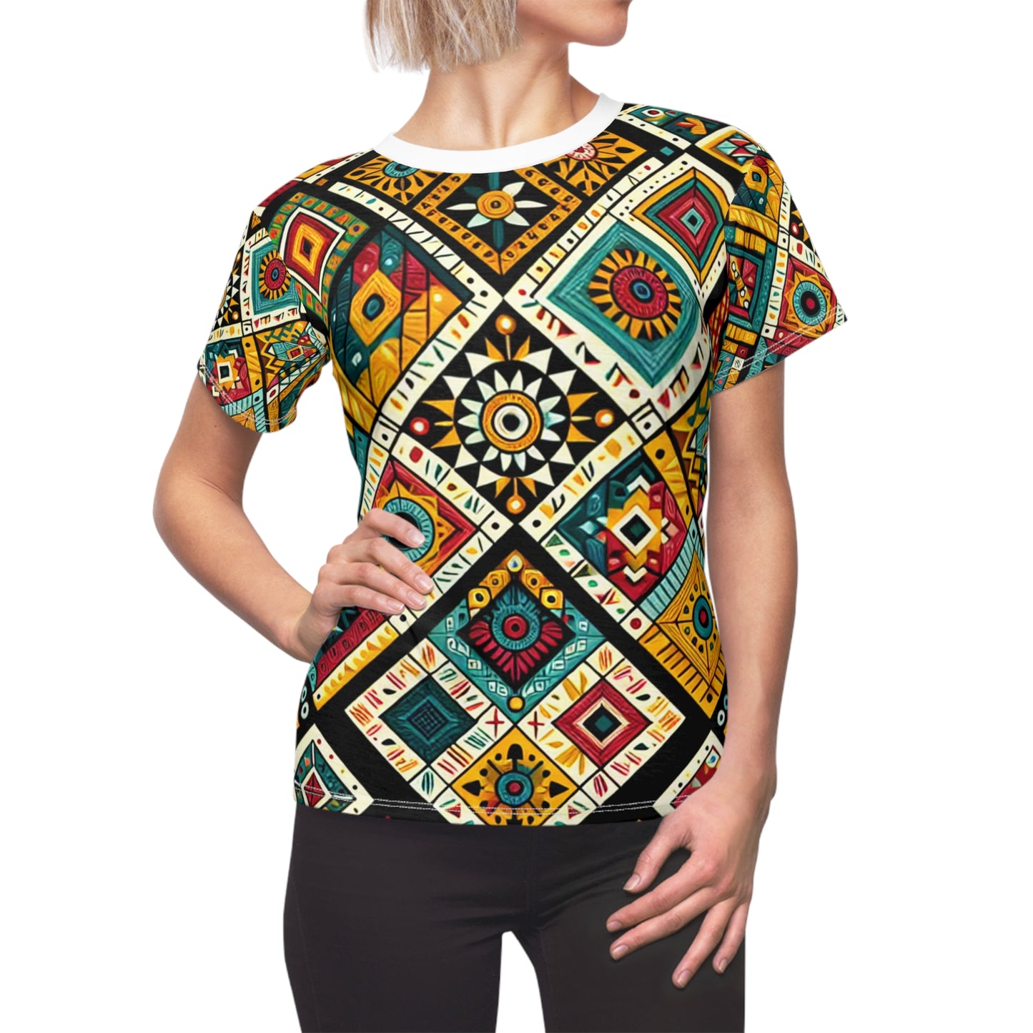 Vibrant African Storytelling Geometric-Pattern Women's T-shirt – Bold Colors & Tribal Symbols Shirt - African Tribal Pattern-Inspired
