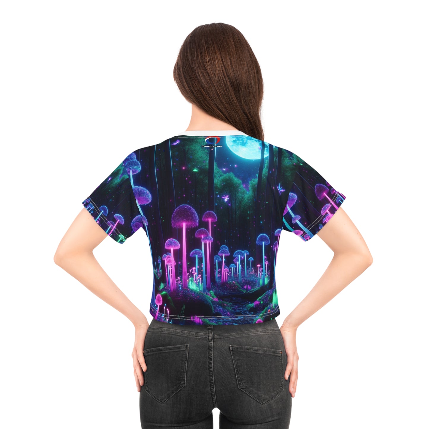 Magical Blacklight-reactive Crop Tee: Moonlit Forest and Neon Mushrooms, UV-glow Plant Life - Women's Blacklight-Reactive Tee