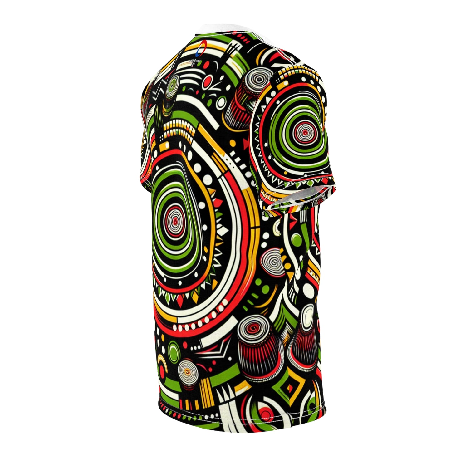 African Rhythm Dance Party T-Shirt: Bold Circles & Radiating Lines in Vibrant Hues - African Tribal Pattern-Inspired Tee