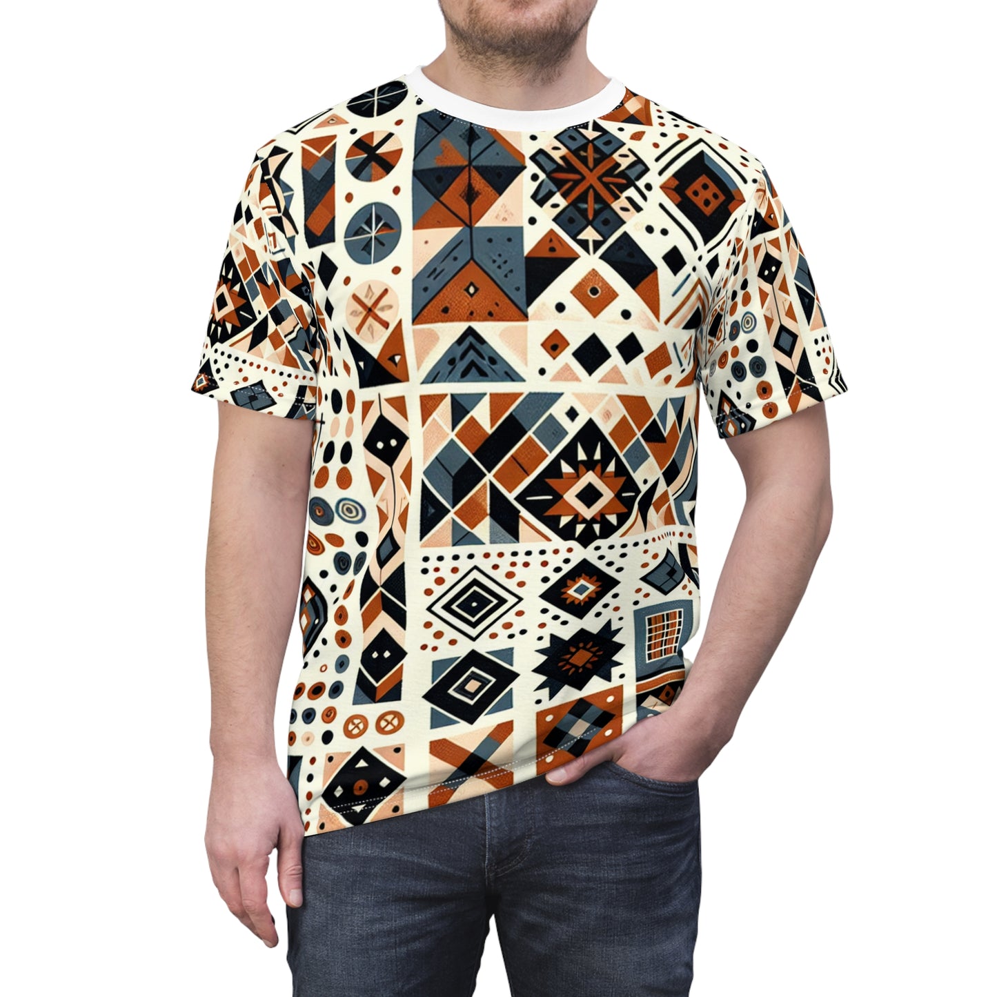 Berber-Inspired Artistry T-shirt: Earthy-Tone Geometric Tattoo Patterns Storytelling Print - African Tribal Pattern-Inspired Tee