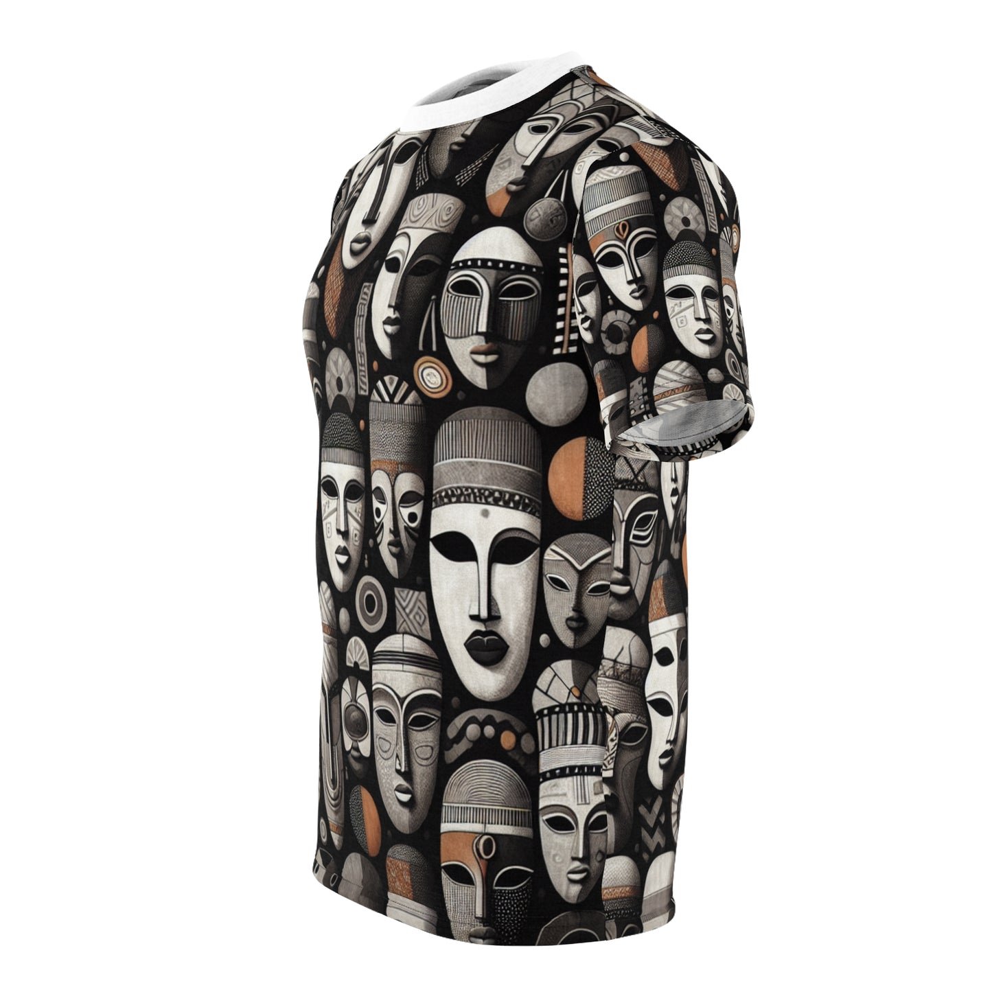 Chic African Heritage Tapestry T-Shirt- Modern Monochrome Masks with Orange Accents - African Tribal Pattern-Inspired Tee