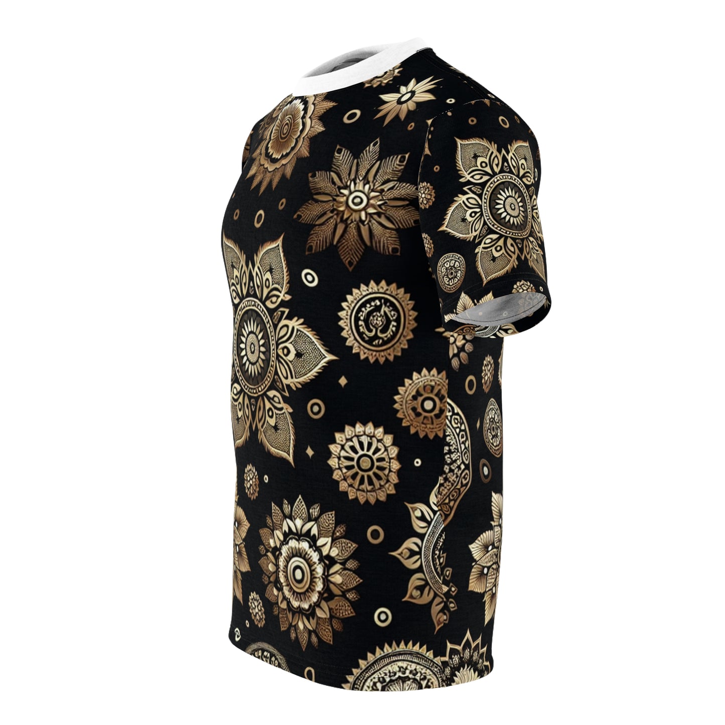 Luxurious Golden Indian Motif Tee - Scattered Traditional Designs on Black - Rich Heritage Elements - Floral & Geometric Styles