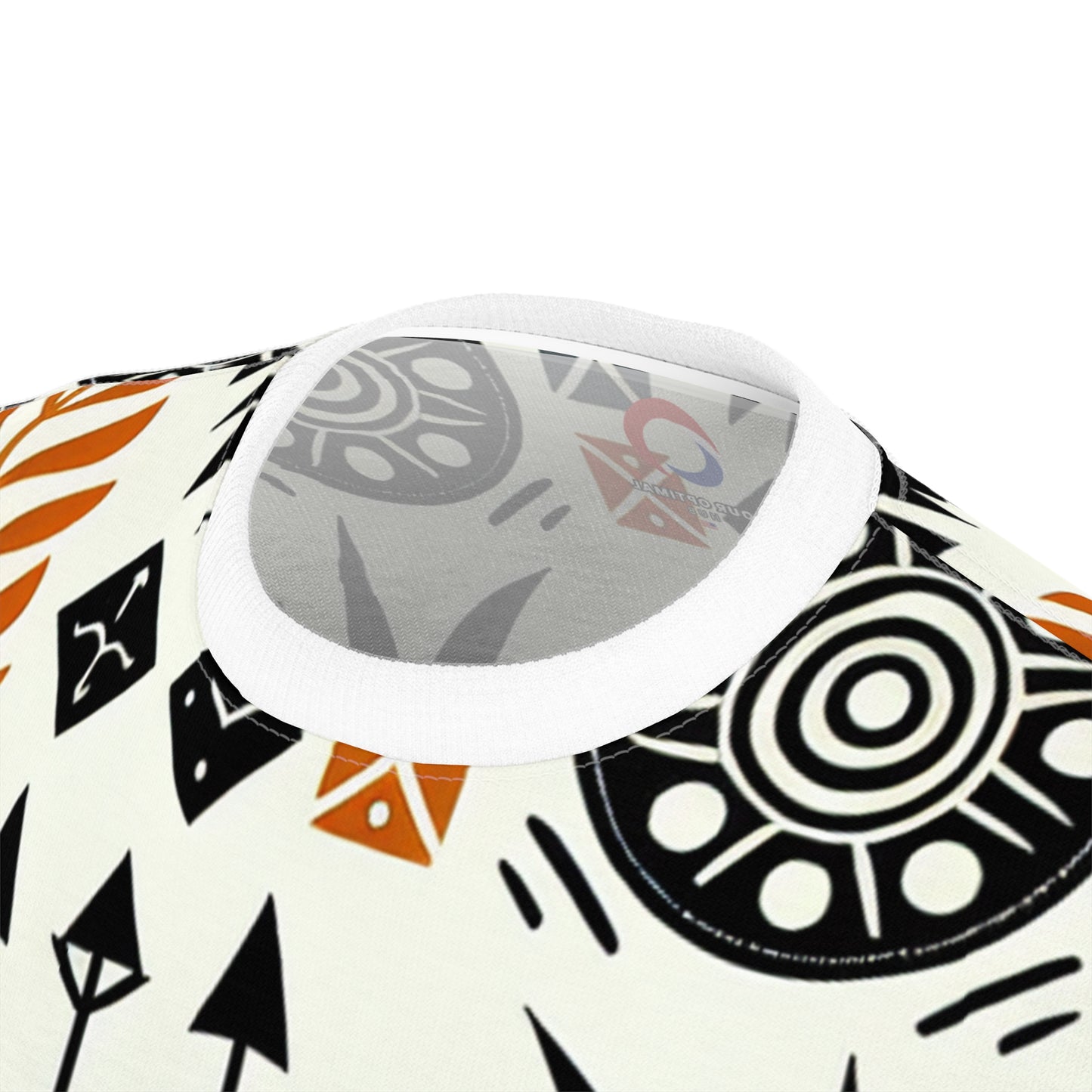 Modern African Artistry Tee: Monochromatic Spearhead & Shield Pattern + Orange Accents - African Tribal Pattern-Inspired