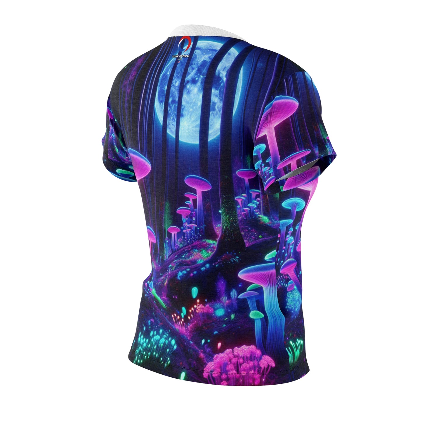 Women's UV-Reactive T-Shirt: Enchanted Night Forest with Neon Mushrooms, Glow-in-the-Dark Flora & Fireflies - Women's Blacklight Tee