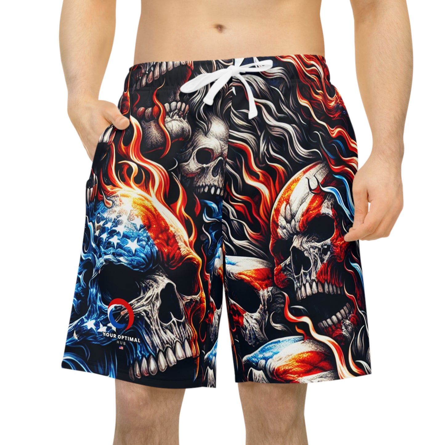 Iconic Inferno Skulls: Patriotic Blaze Tattoo-Style Shorts - Patriotic Streetwear Shorts