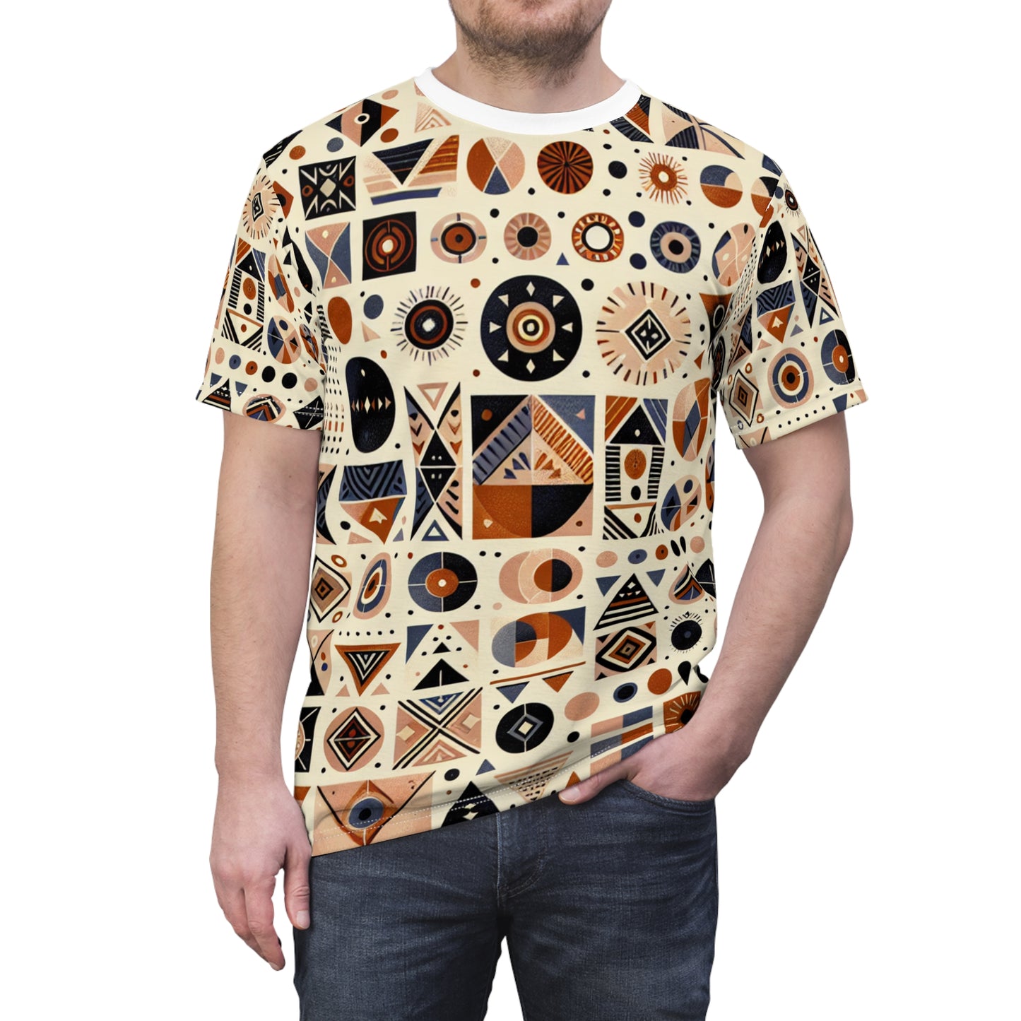 Berber-Inspired Geometric Tattoo Artistry T-Shirt; Earthy-tone Symbolic Storytelling Tee - African Tribal Pattern-Inspired