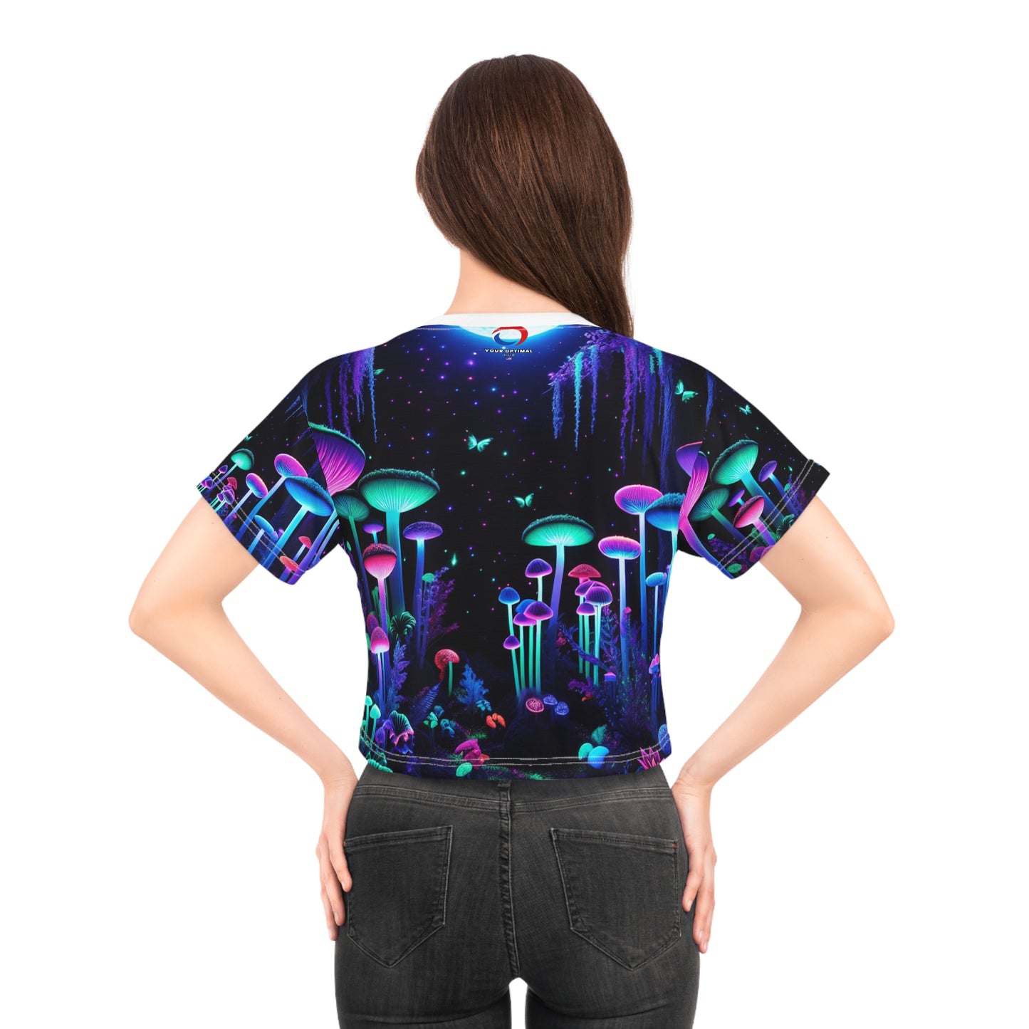 Surreal Blacklight Reactive Moonlit Forest Crop Tee - Women's UV Glow-in-the-dark Neon Mushroom & Firefly Print - Women's Blacklight Tee