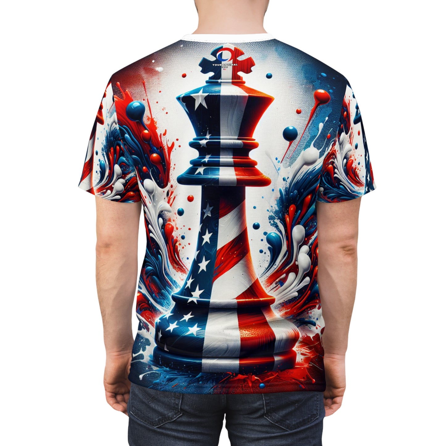 Strategic American Pride: Artistically Rendered Chess King Piece T-Shirt Embossed with Dynamic USA Flag Design - Patriotic Streetwear Tee