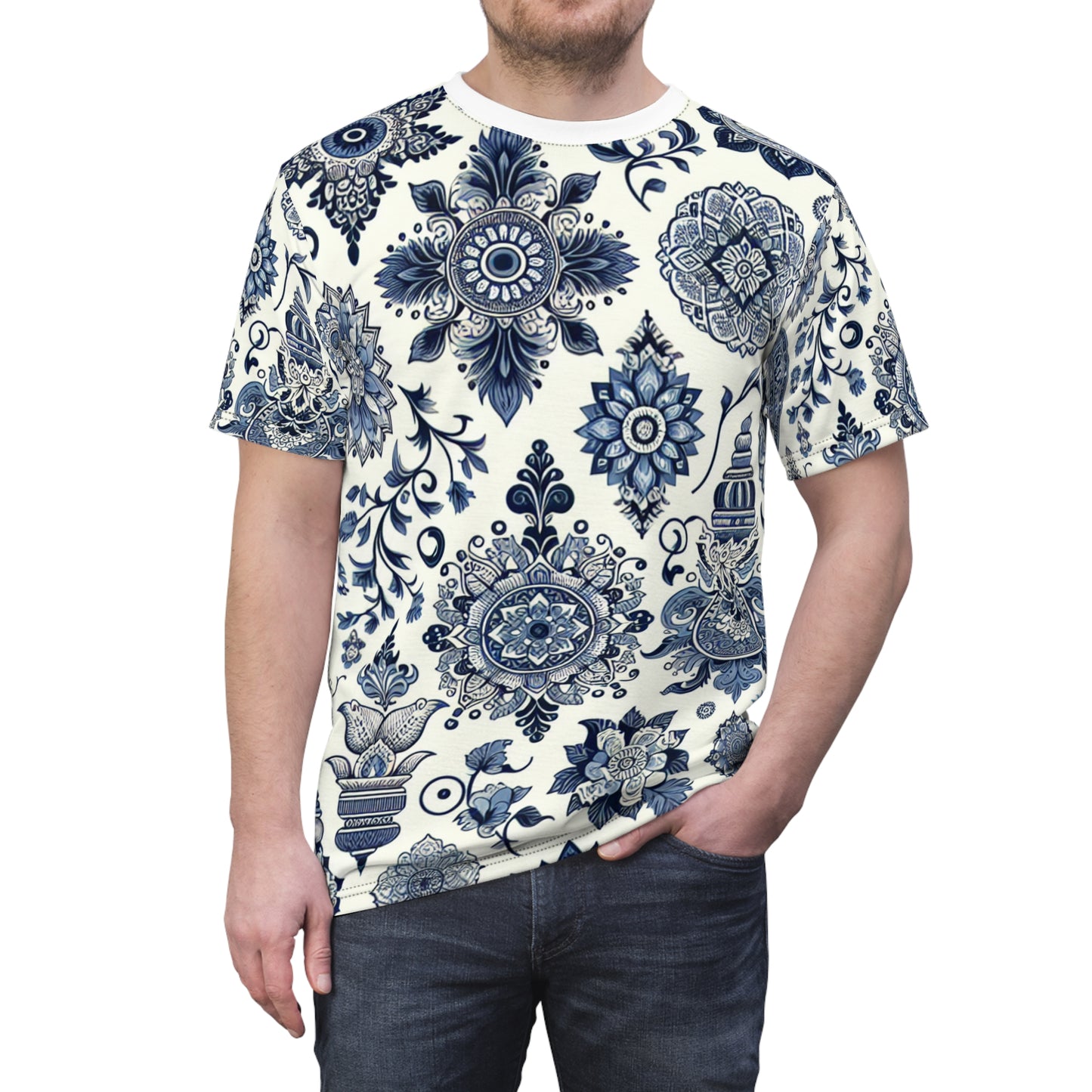 Classic Blue Minimalist T-Shirt Featuring an Intricately Scattered Traditional Indian Motifs Pattern - Modern Indian Design Tee