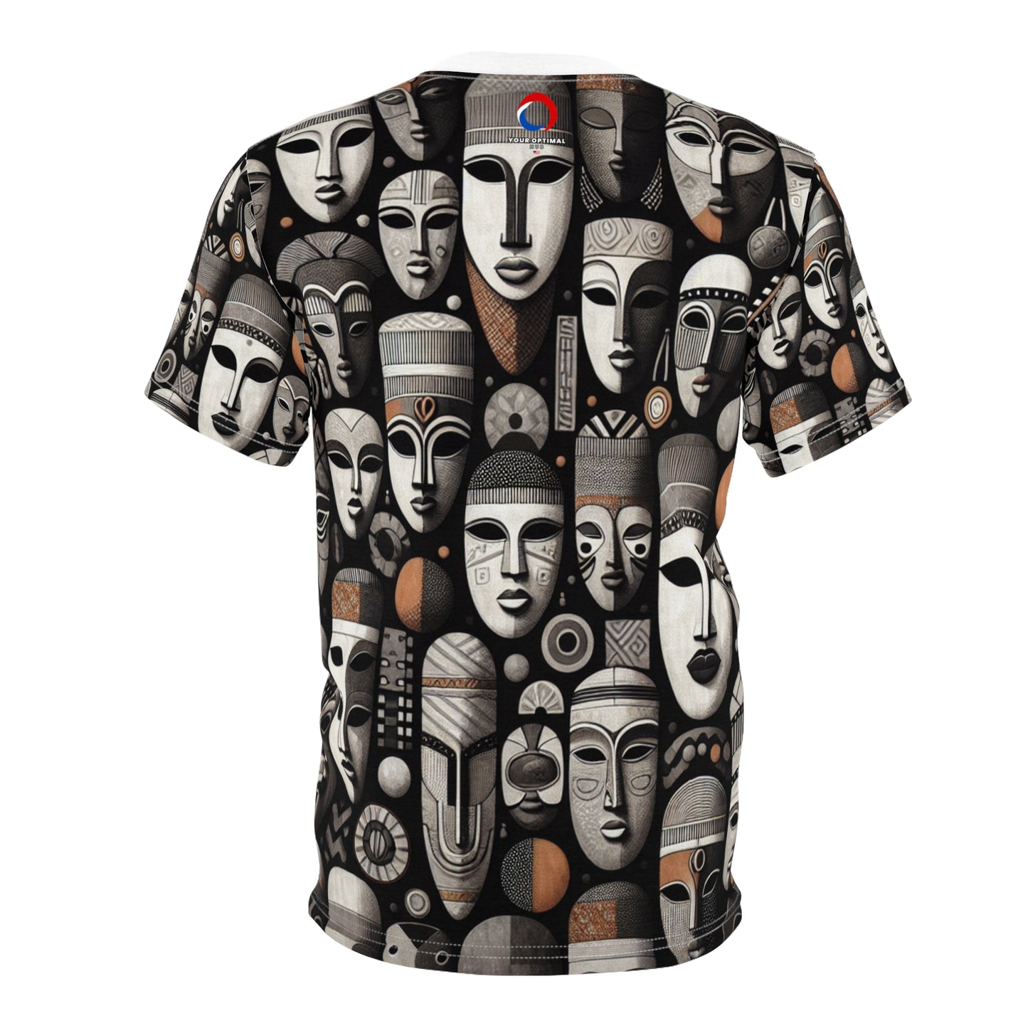 Chic African Heritage Tapestry T-Shirt- Modern Monochrome Masks with Orange Accents - African Tribal Pattern-Inspired Tee