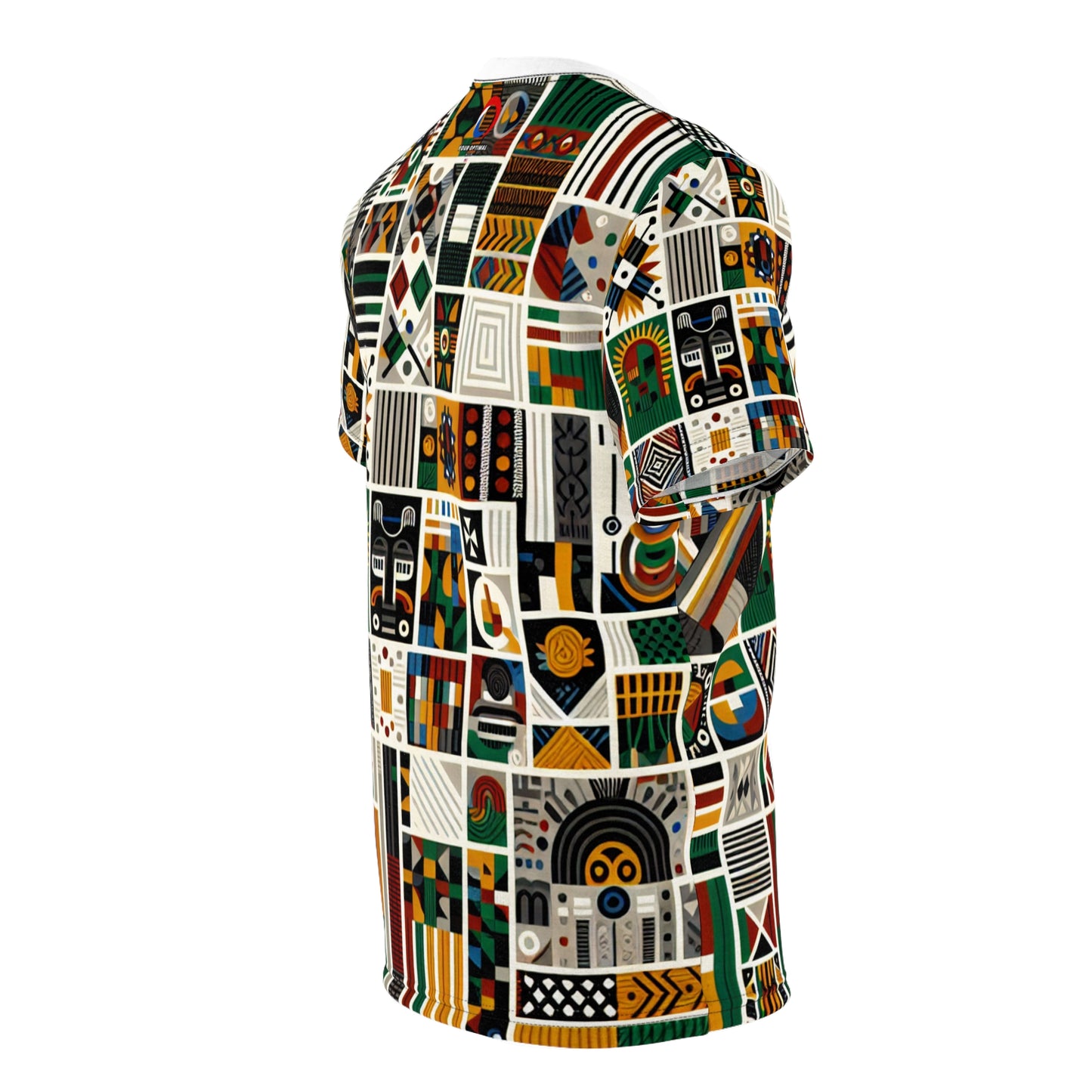 Pan-African Pride T-shirt: Bold Geometric & Cultural Symbols in Vibrant Kente Collage - African Tribal Pattern-Inspired Tee