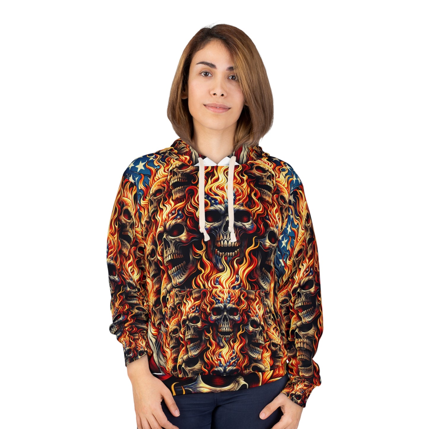 Blazing Patriotic Grit: Mesmeric Skull Invasion Hoodie - Patriotic Streetwear Hoodie