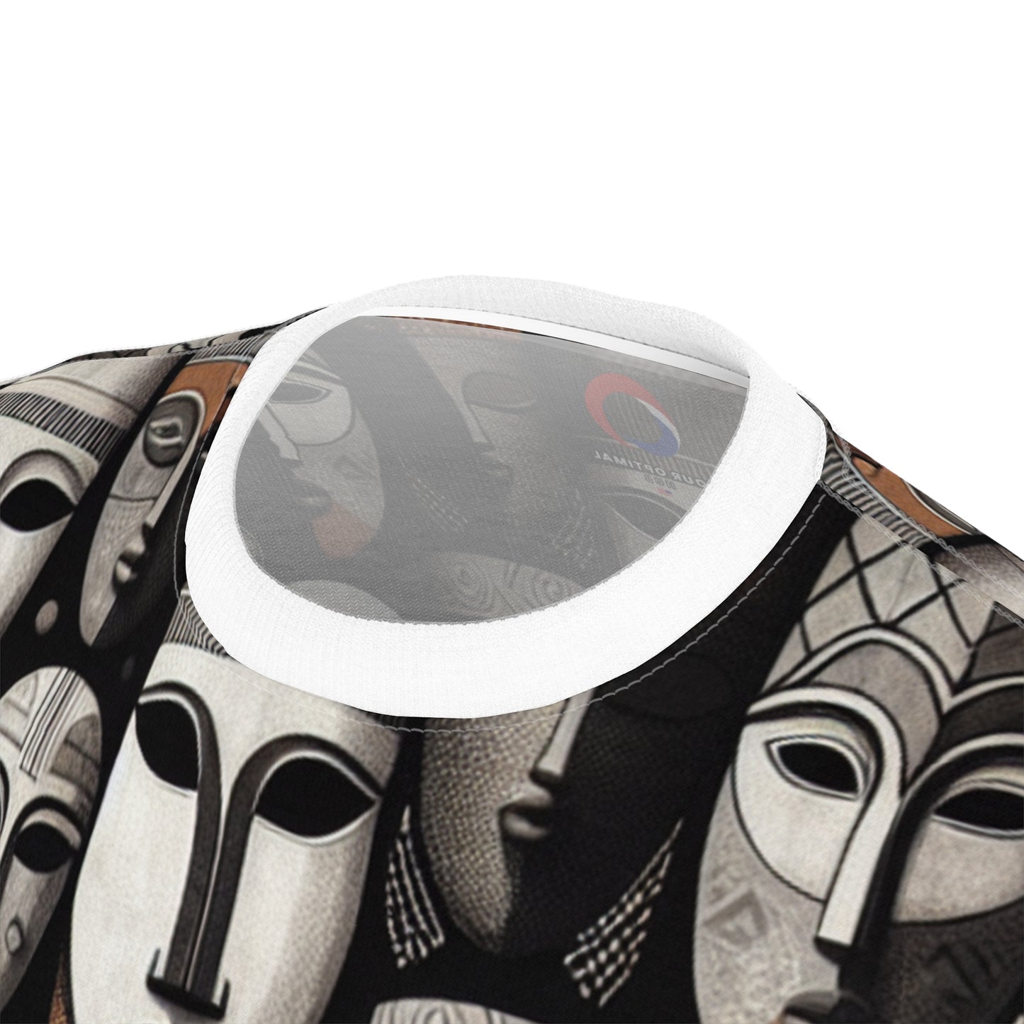 Chic African Heritage Tapestry T-Shirt- Modern Monochrome Masks with Orange Accents - African Tribal Pattern-Inspired Tee
