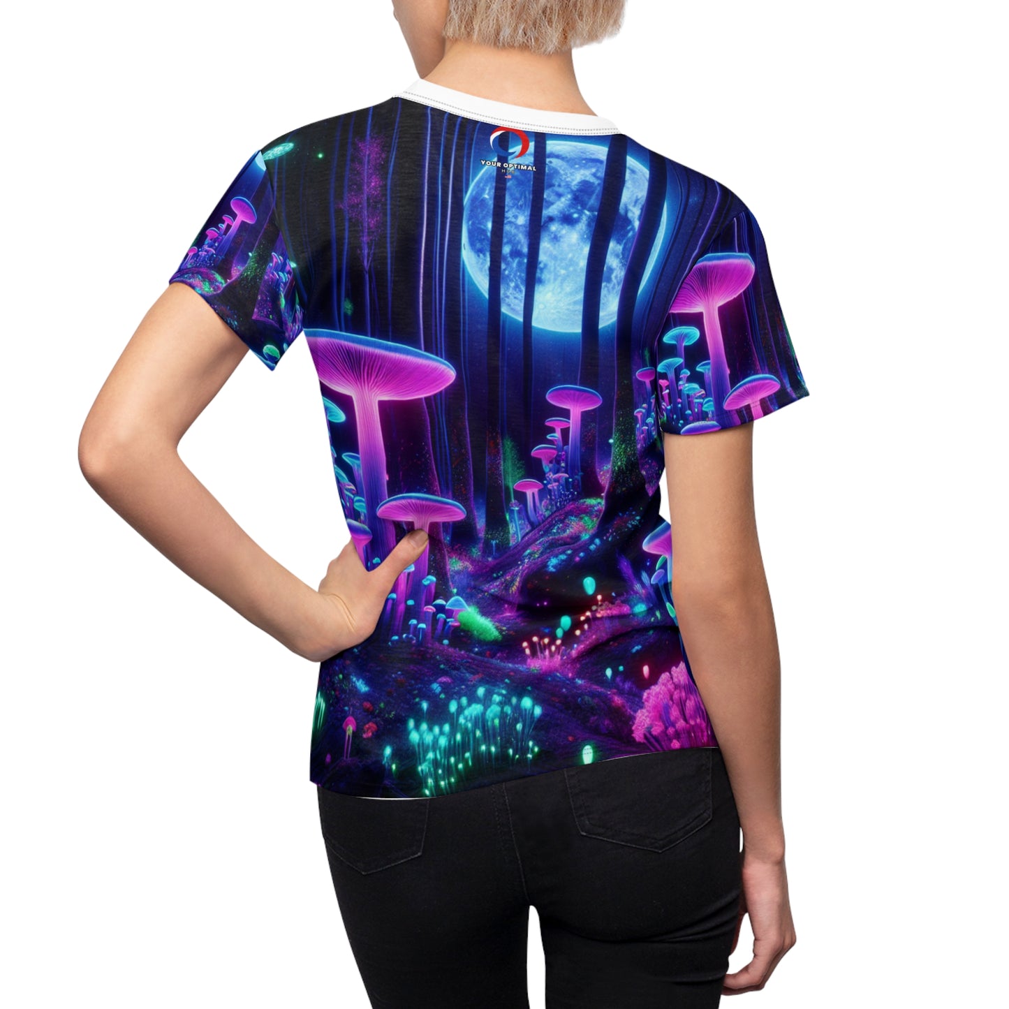 Women's UV-Reactive T-Shirt: Enchanted Night Forest with Neon Mushrooms, Glow-in-the-Dark Flora & Fireflies - Women's Blacklight Tee