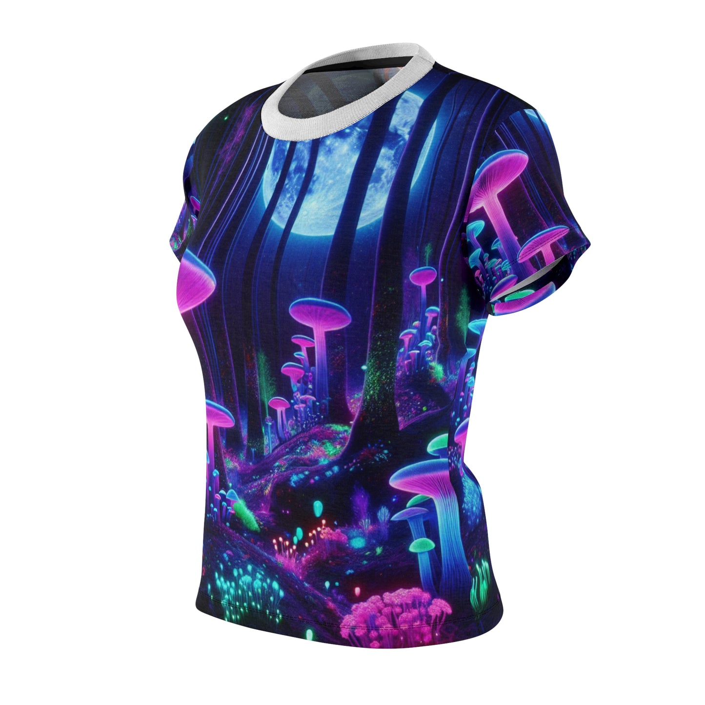 Women's UV-Reactive T-Shirt: Enchanted Night Forest with Neon Mushrooms, Glow-in-the-Dark Flora & Fireflies - Women's Blacklight Tee