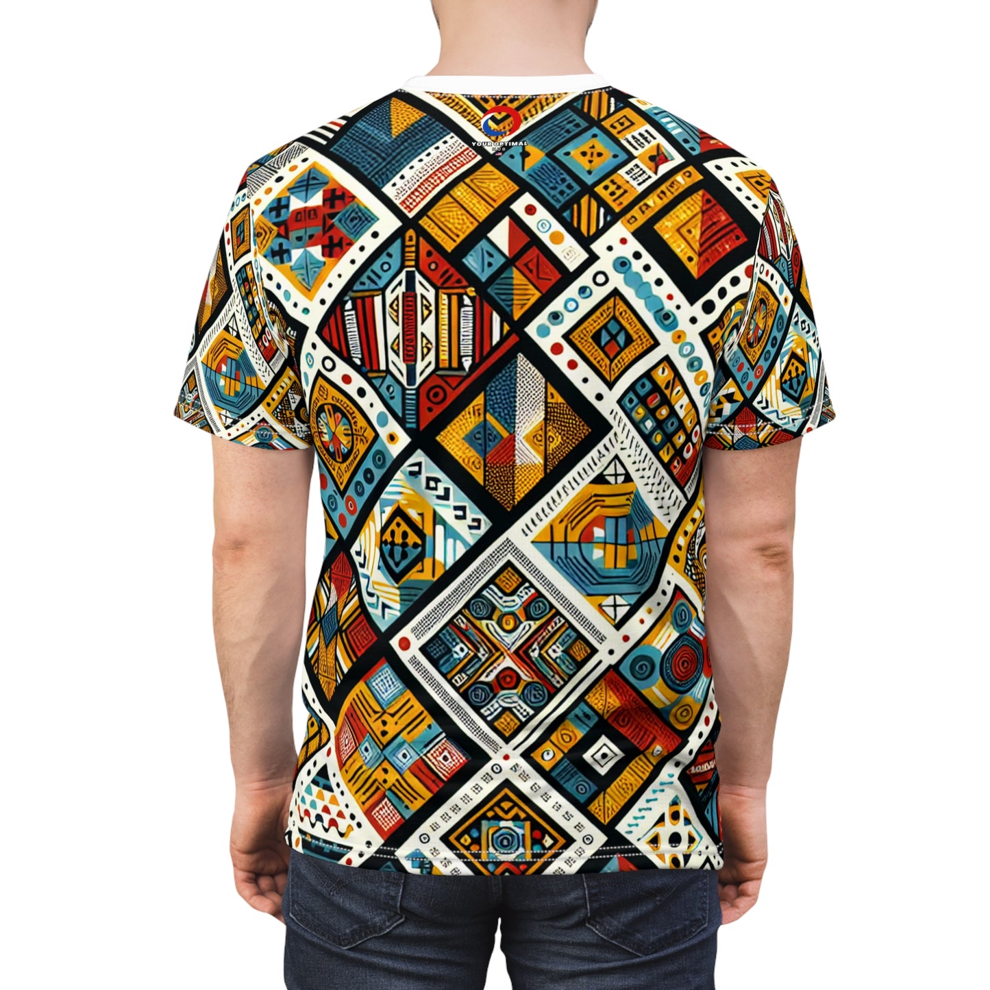 Vibrant African Tribal Diamond Grid T-shirt: Bold Colors, Intricate Textures & Symbols - African Tribal Pattern-Inspired Tee