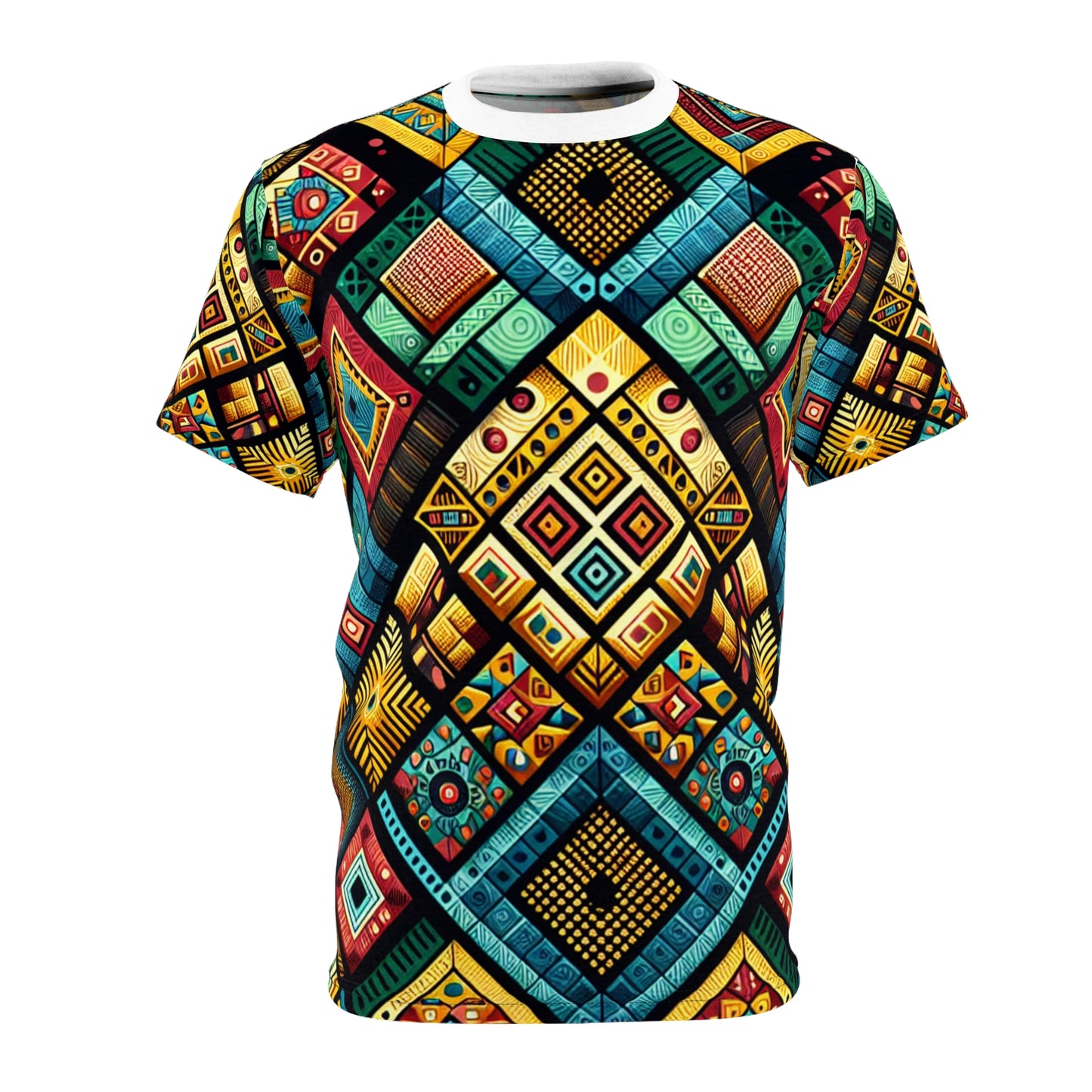 Vibrant African Folklore Geometric Diamond Tribal Pattern T-Shirt, Bold Primary Colors - African Tribal Pattern-Inspired Tee
