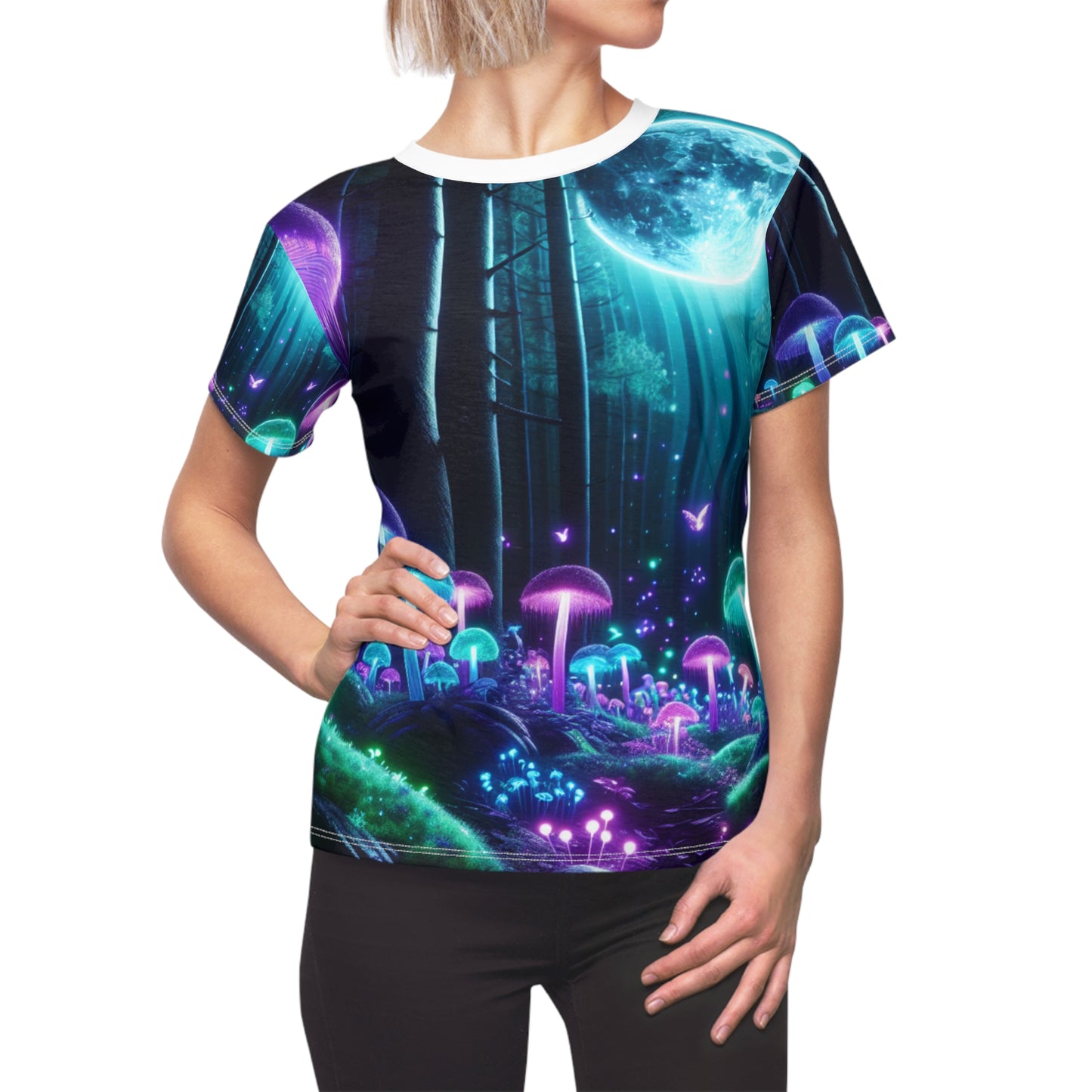 Women's Blacklight-Glow Otherworldly Forest T-Shirt- Neon Enchanted Mushroom with Bioluminescent Flora - Women's Blacklight Tee