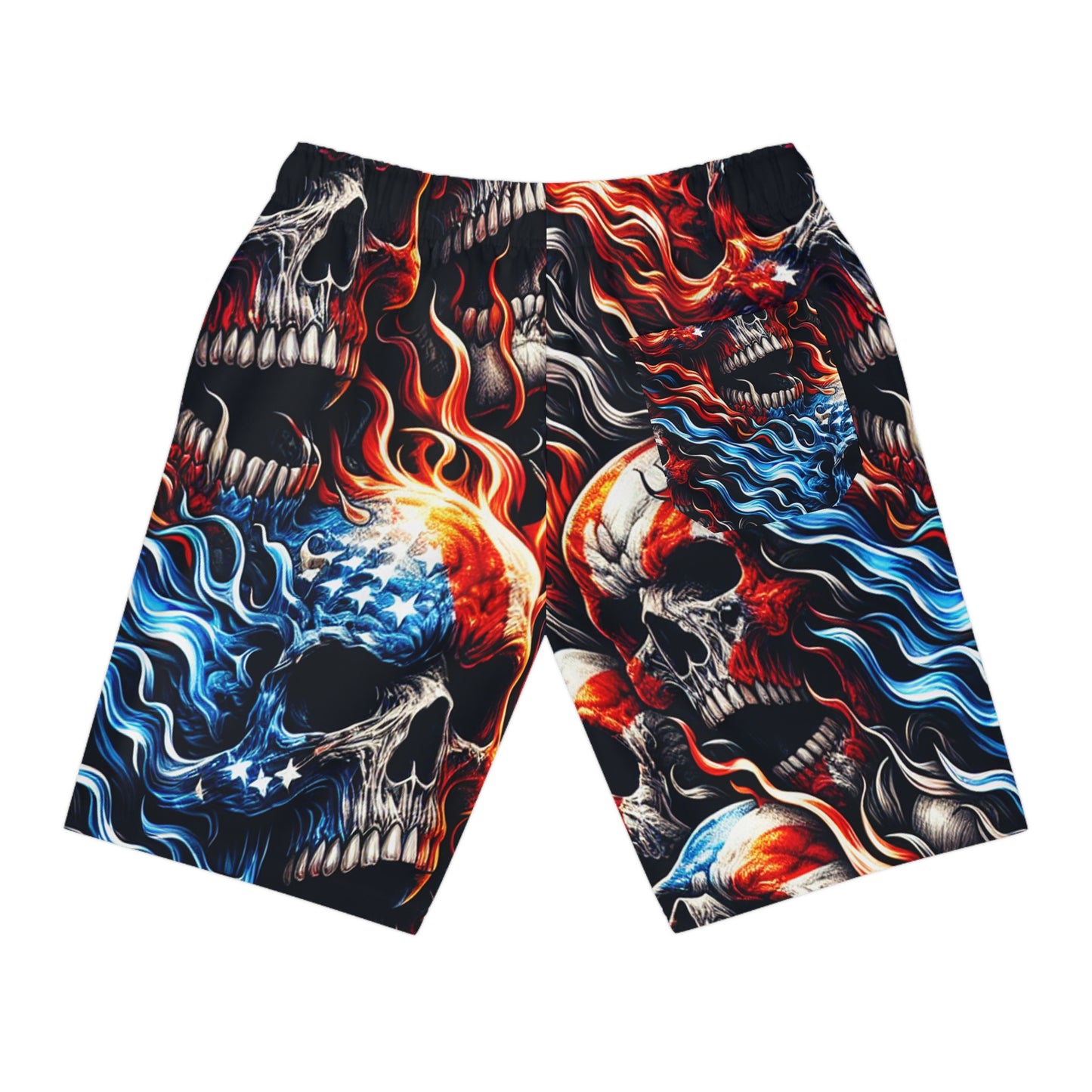 Iconic Inferno Skulls: Patriotic Blaze Tattoo-Style Shorts - Patriotic Streetwear Shorts