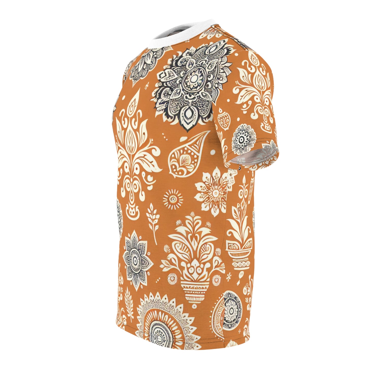 Traditional Indian Motif Print T-Shirt - Luxury Floral & Geometric Seamless Pattern - White on Orange - Modern Ethnic Décor Design Style