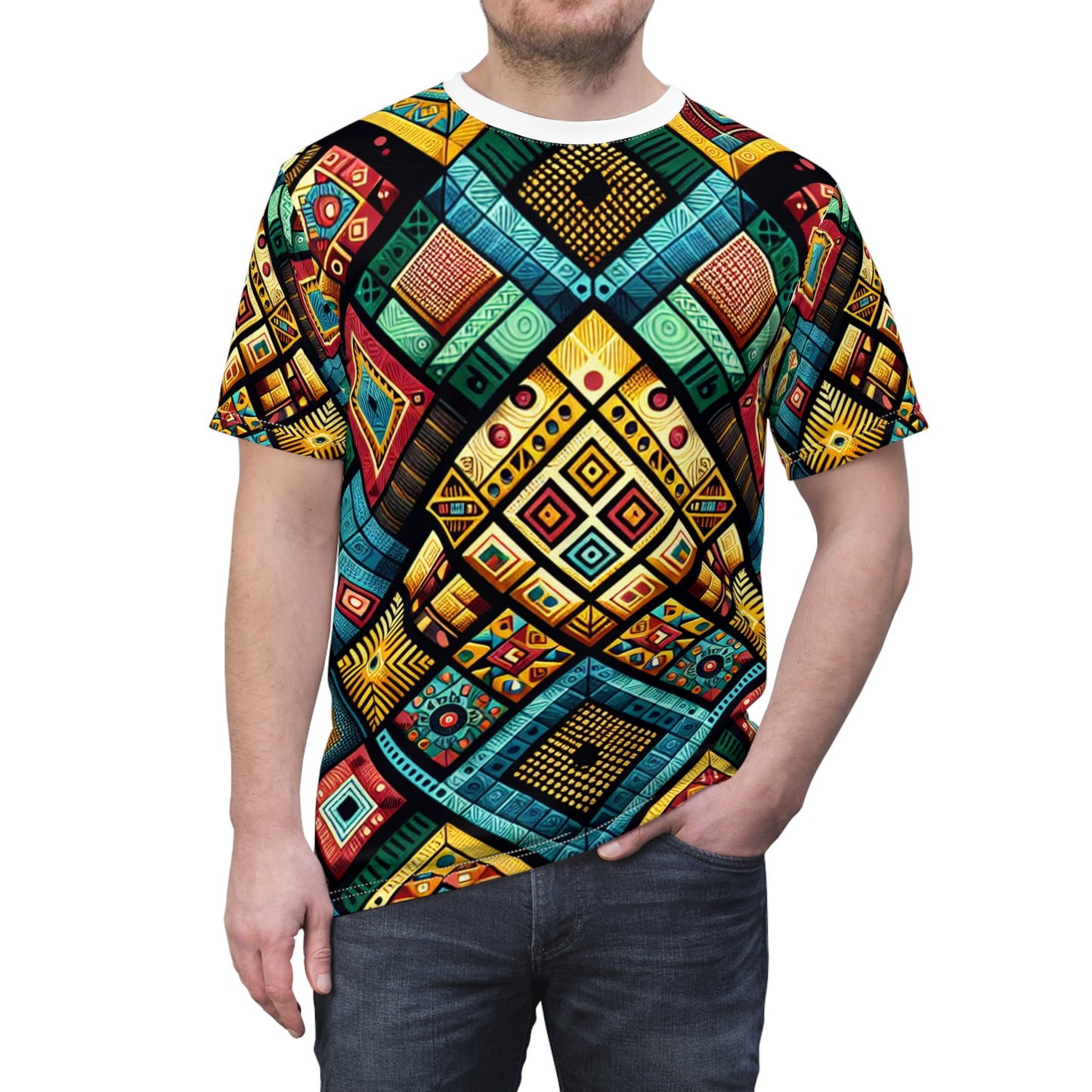 Vibrant African Folklore Geometric Diamond Tribal Pattern T-Shirt, Bold Primary Colors - African Tribal Pattern-Inspired Tee
