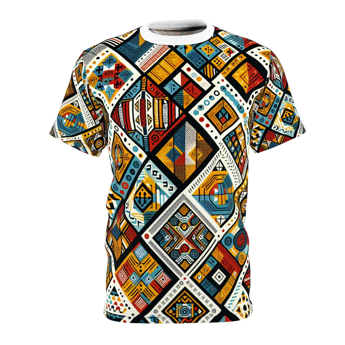 Vibrant African Tribal Diamond Grid T-shirt: Bold Colors, Intricate Textures & Symbols - African Tribal Pattern-Inspired Tee