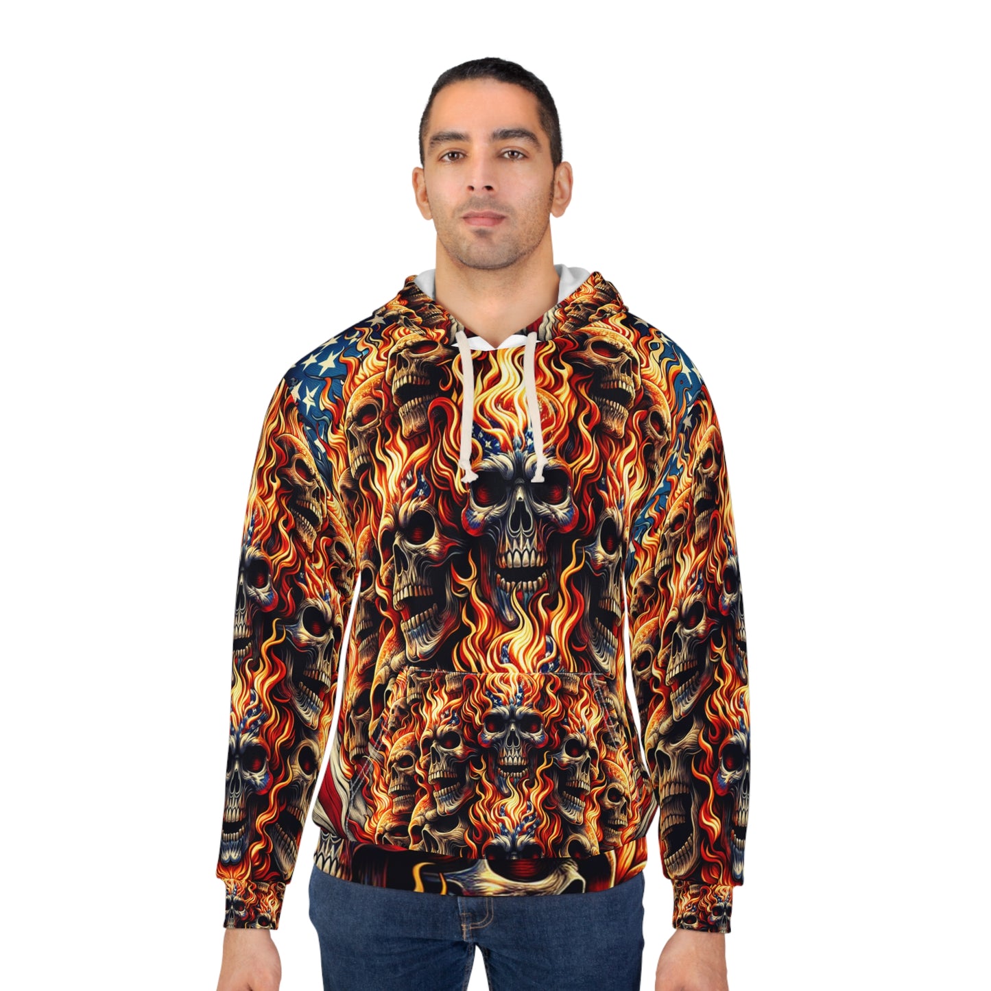 Blazing Patriotic Grit: Mesmeric Skull Invasion Hoodie - Patriotic Streetwear Hoodie