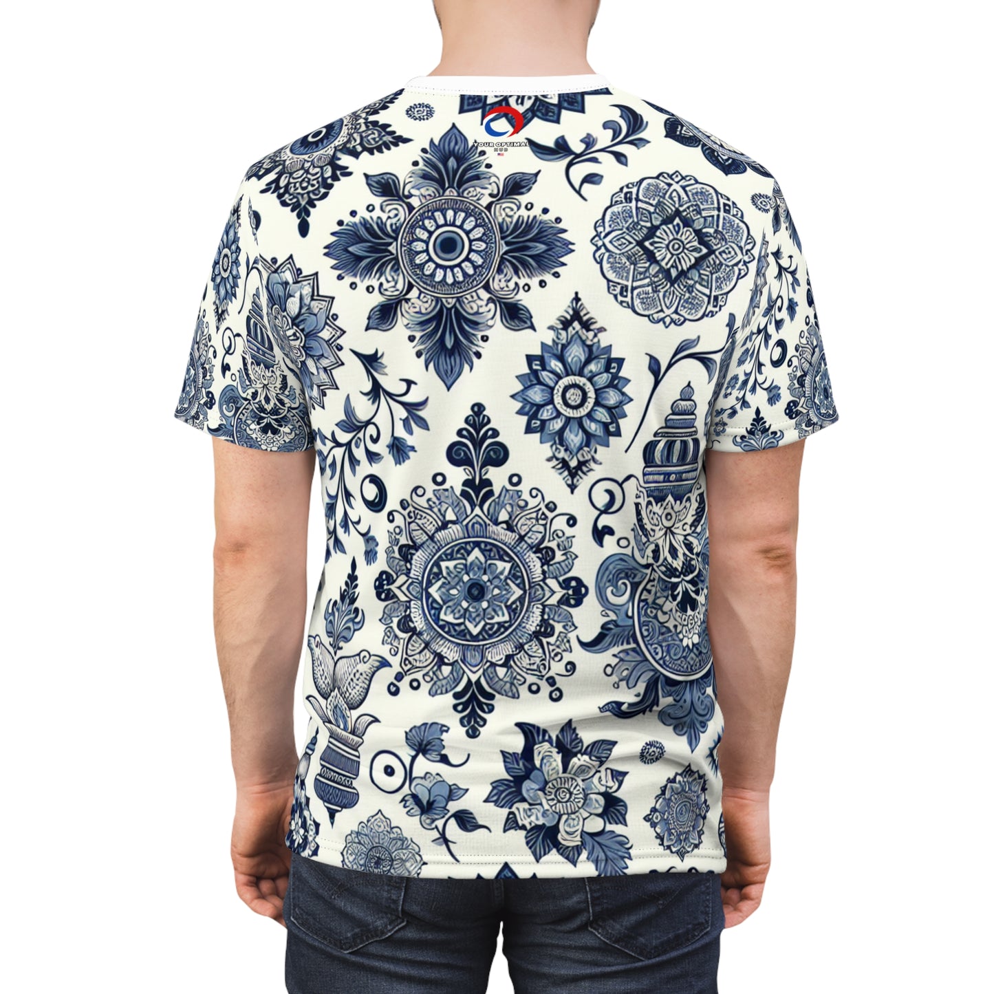 Classic Blue Minimalist T-Shirt Featuring an Intricately Scattered Traditional Indian Motifs Pattern - Modern Indian Design Tee
