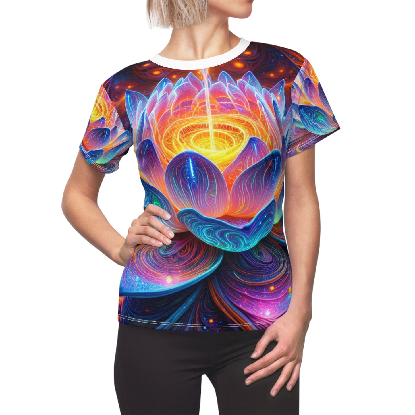 Bioluminescent Alien Lotus Flower Tee: UV-Reactive Cosmic Energy in Vibrant Neon Colors - Women's Blacklight Reactive Tee