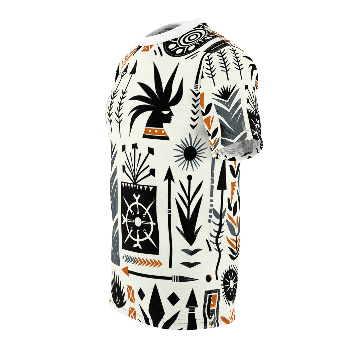 Modern African Artistry Tee: Monochromatic Spearhead & Shield Pattern + Orange Accents - African Tribal Pattern-Inspired